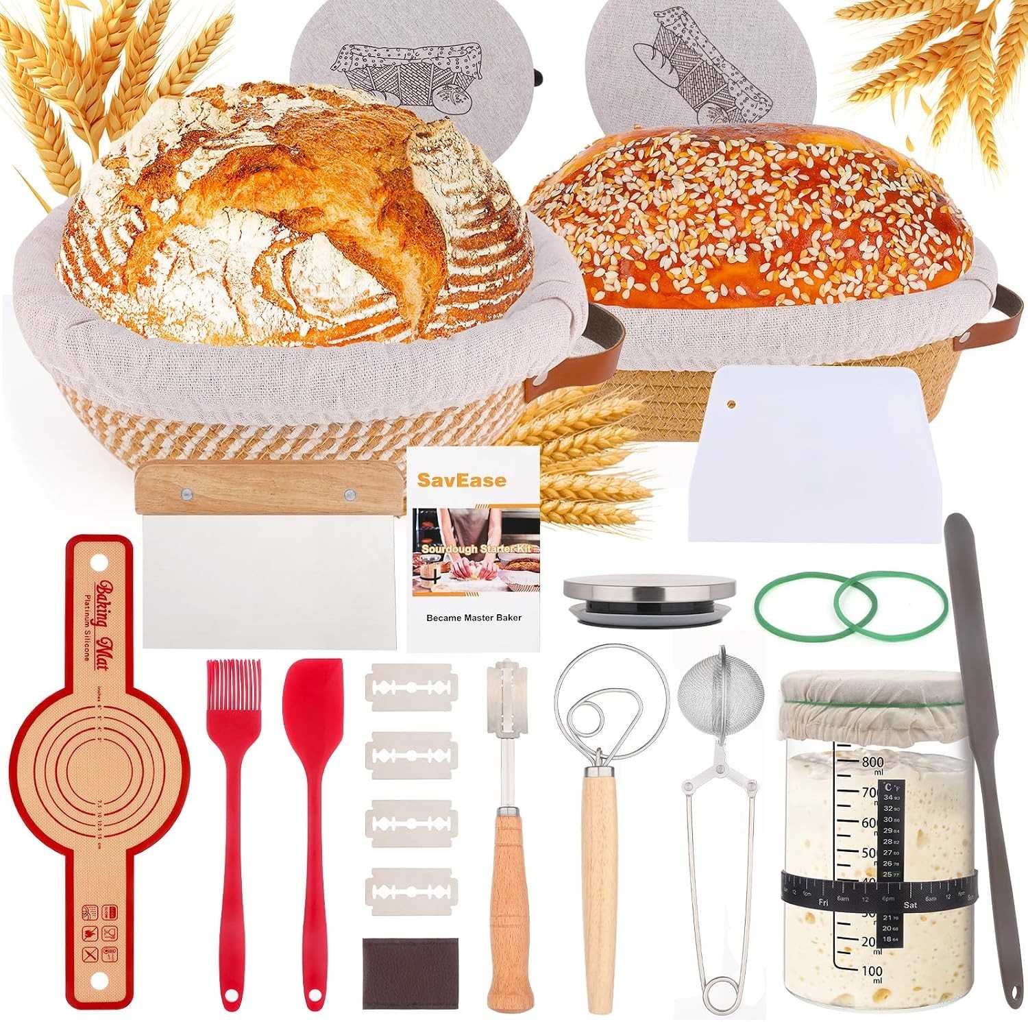 Sourdough Starter Kit, Bread Baking Supplies with Round & Oval Banneton Proof...