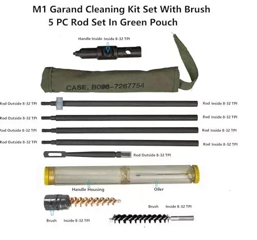 M1 Garand Cleaning Kit Set,Oiler Brush 8-32 TPI Thread 5PC Rod in Green Pouch