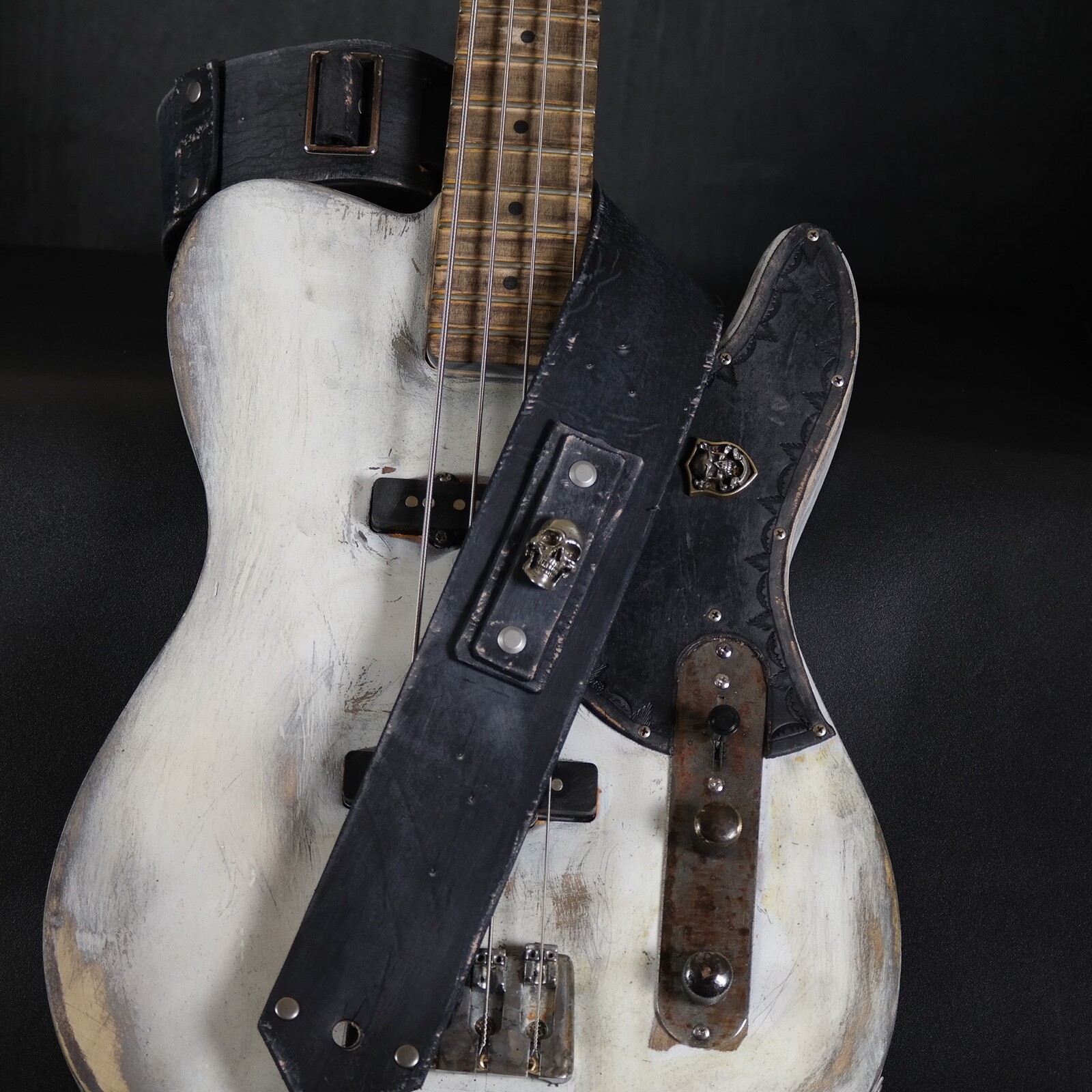 Aged Leather Guitar Strap. Skull Patch. 2.5 inches Wide. Handmade. BLACK