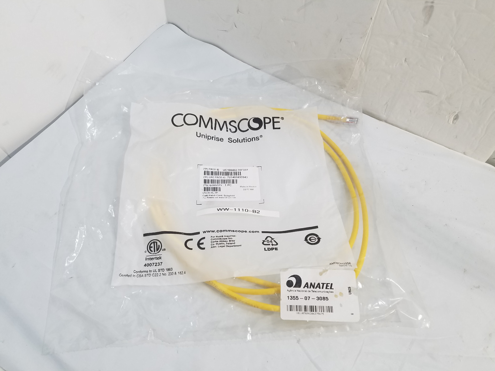 New Commscope Cat6 Patch Cord Snaglass UC1BBB2-09F007, UNC6-YL-7F
