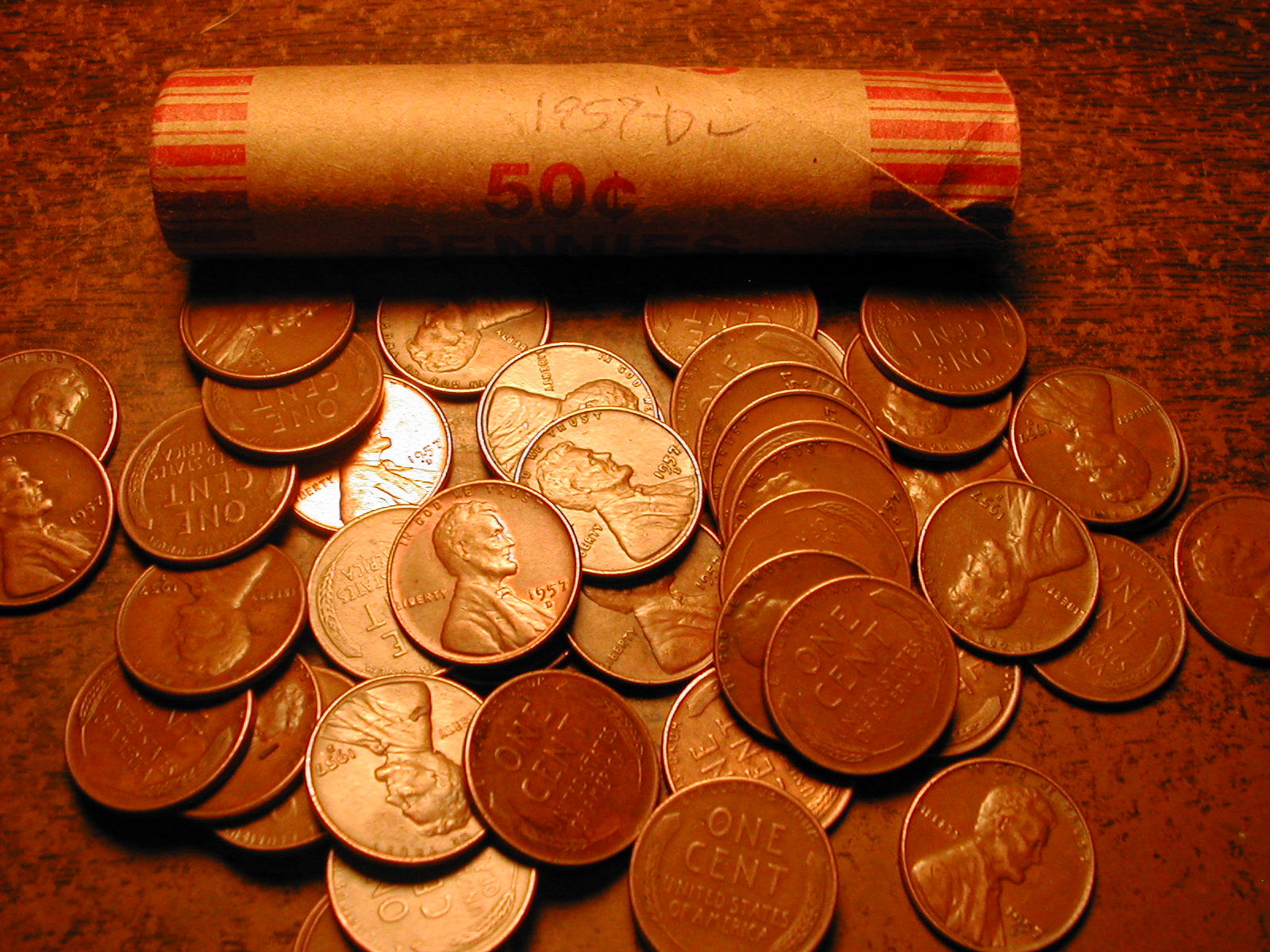 1957-D LINCOLN WHEAT CENT PENNY ROLL, nice condition