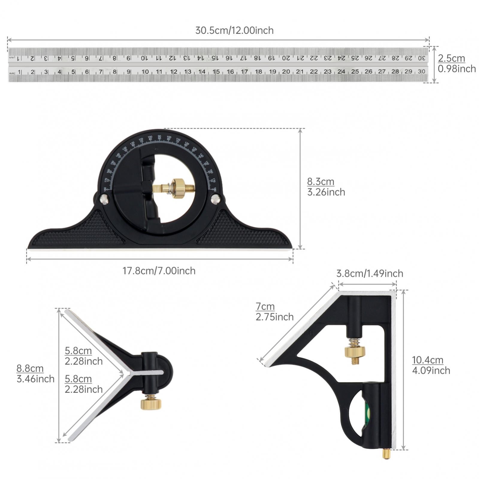 NEW 12" SS COMBINATION PROTRACTOR TRI-SQUARE RULER LEVEL MULTI-PURPOSE US