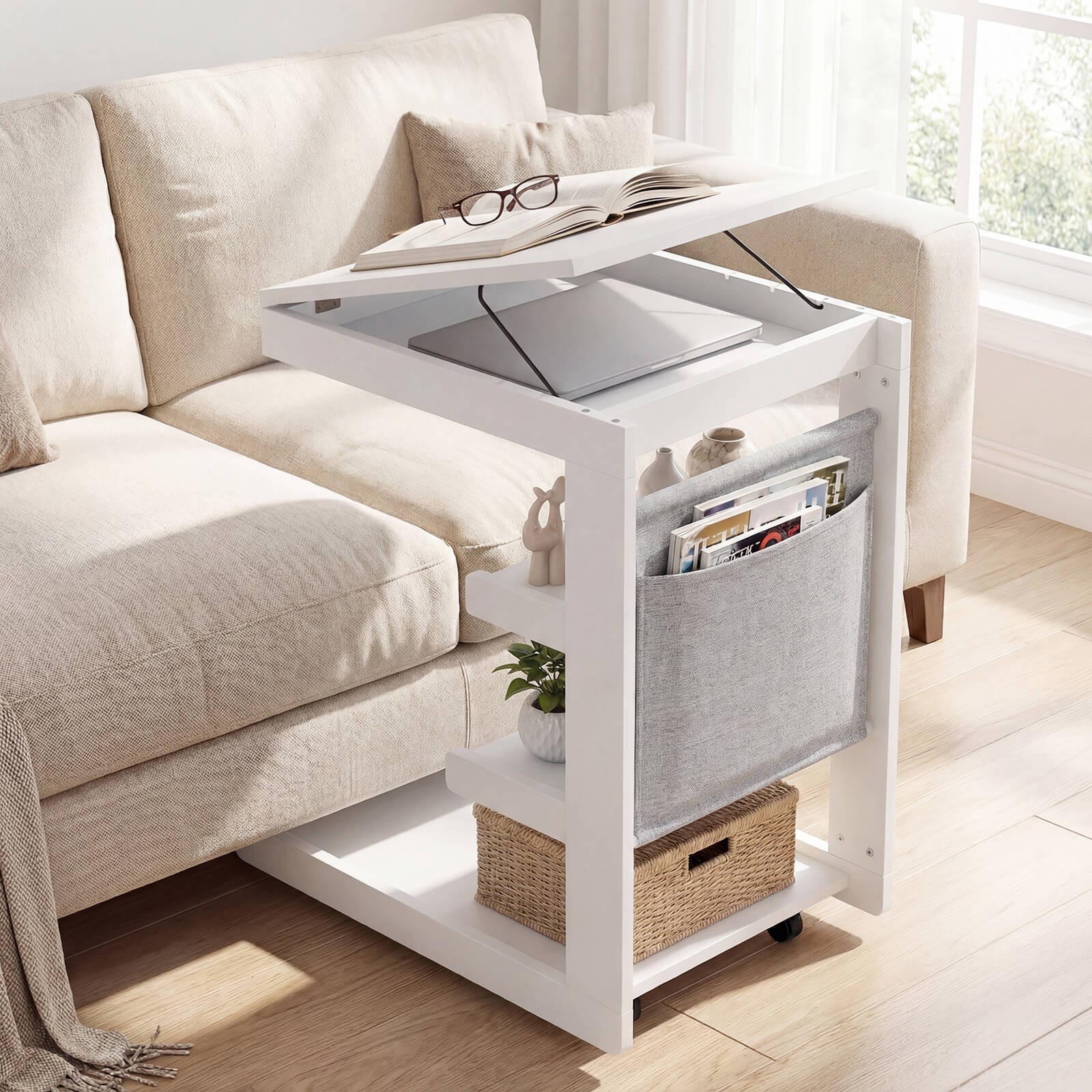 2PCS C-shaped End Table w/Wheels Adjustable Desktop Edge Stopper Storage Pocket