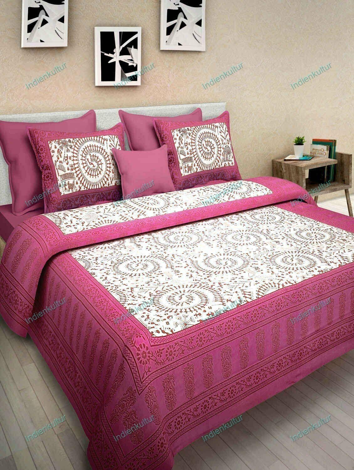 Geometric Printed Pure Cotton Double Bed Sheet With Two Pillow Cover Dark Pink