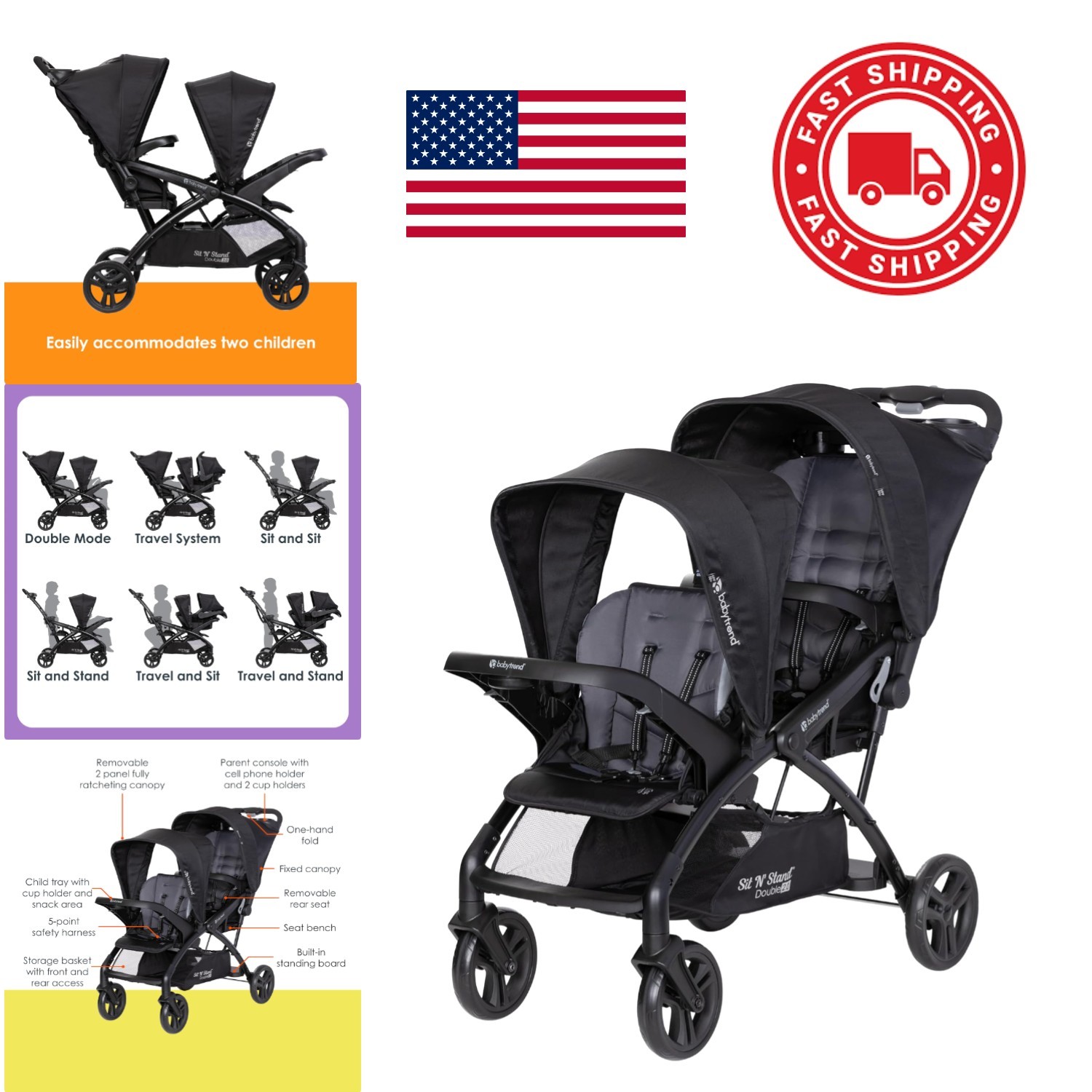 Sit N Stand Double Stroller Dash Black 5 Point Harness Adjustable Canopy