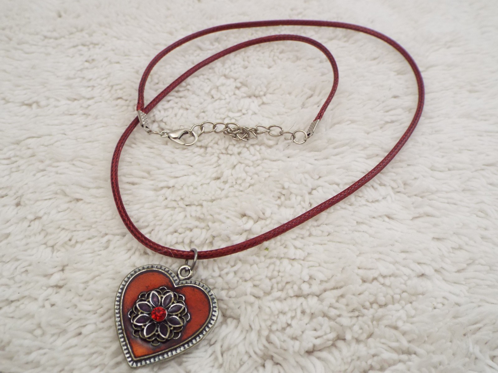 Silvertone Red Heart Pendant Cord Necklace (A59)