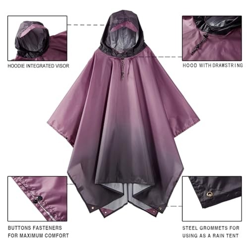 Hooded Rain Poncho for Adult, Waterproof Lightweight One Size Gradient Purple