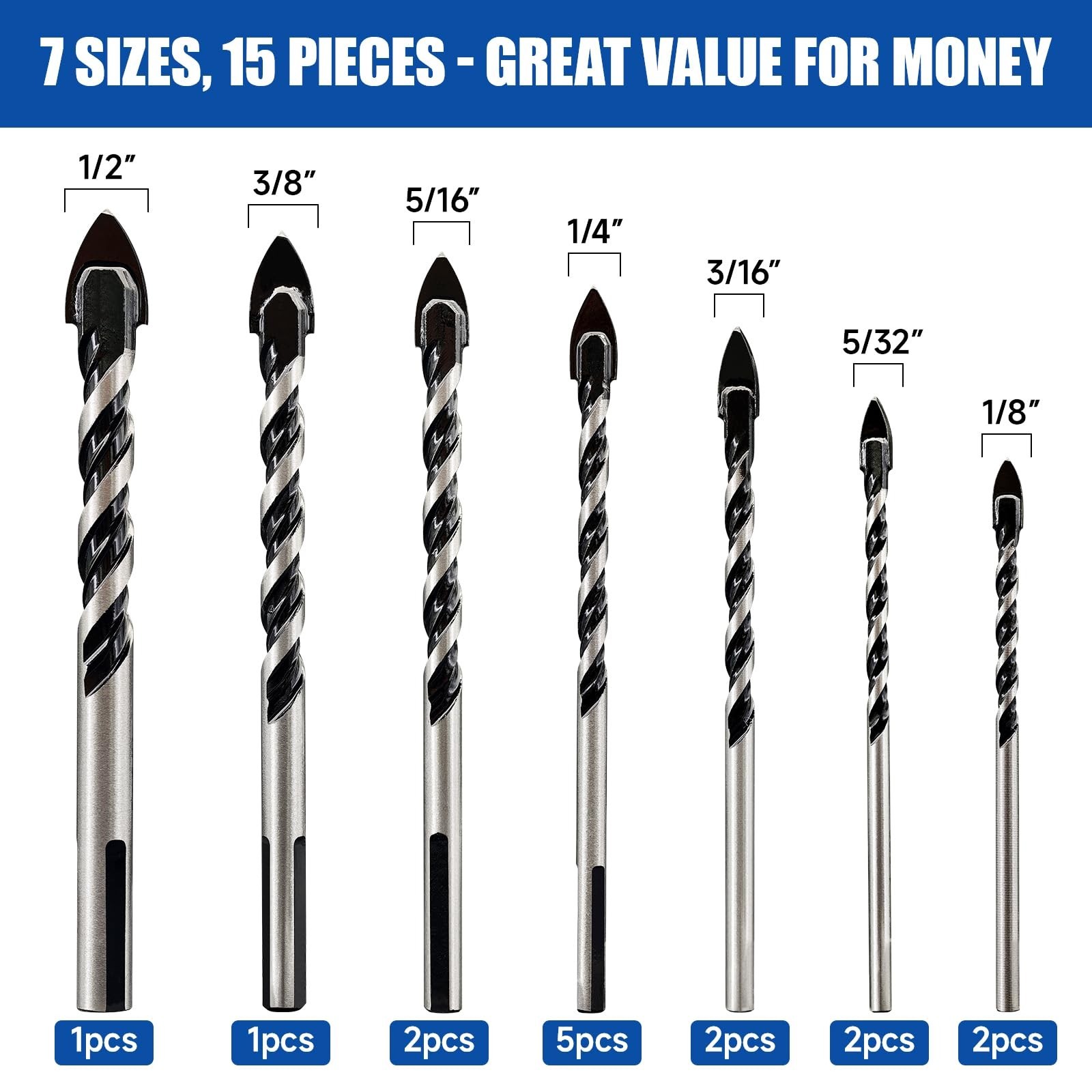 Pro Edge 15PCS Masonry Drill Bit Set, 1/8" to 1/2" Carbide Drill Bits Set Ind...