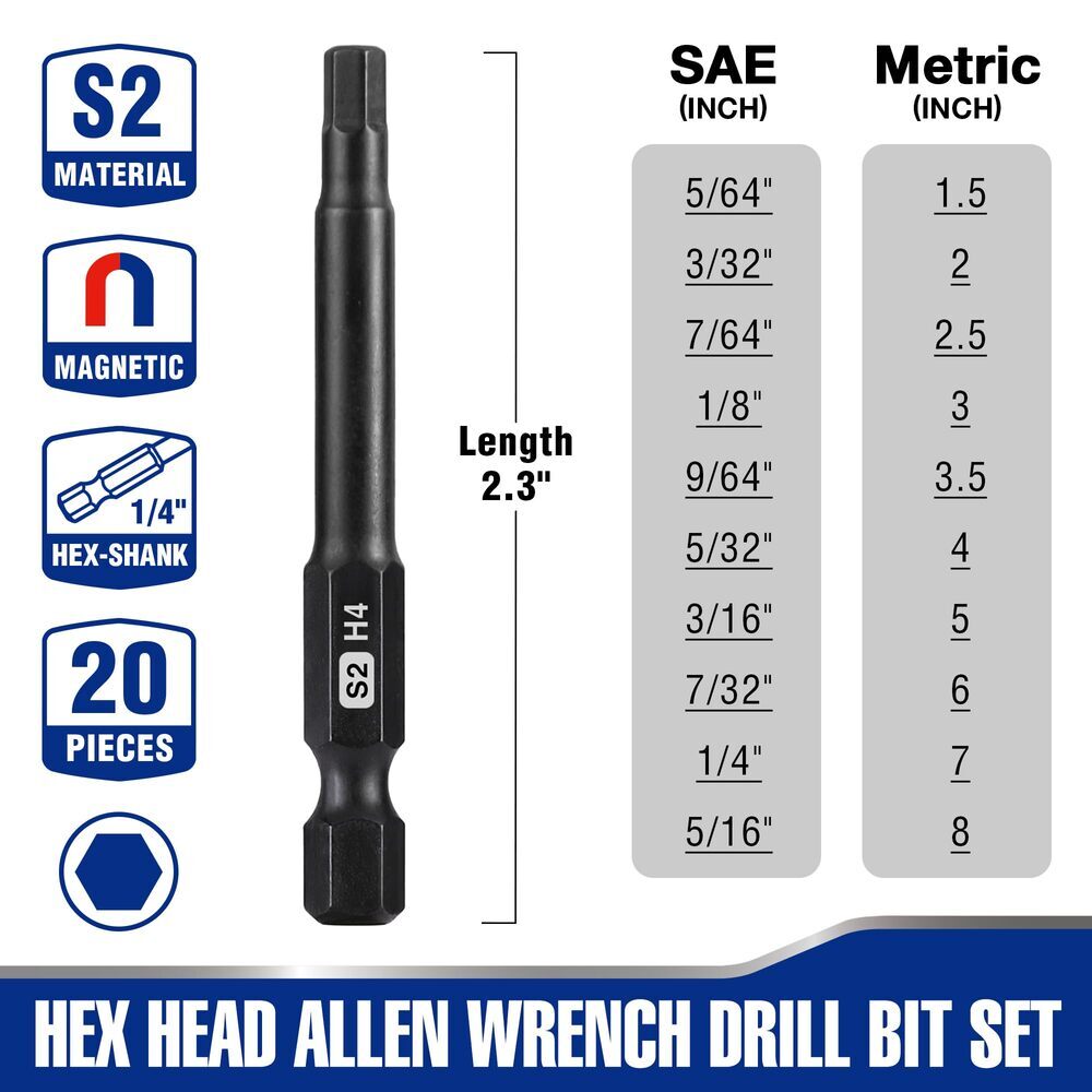WORKPRO 20PC Magnetic Hex Head Allen Wrench Drill Bit Set Metric SAE Hex Bit Set