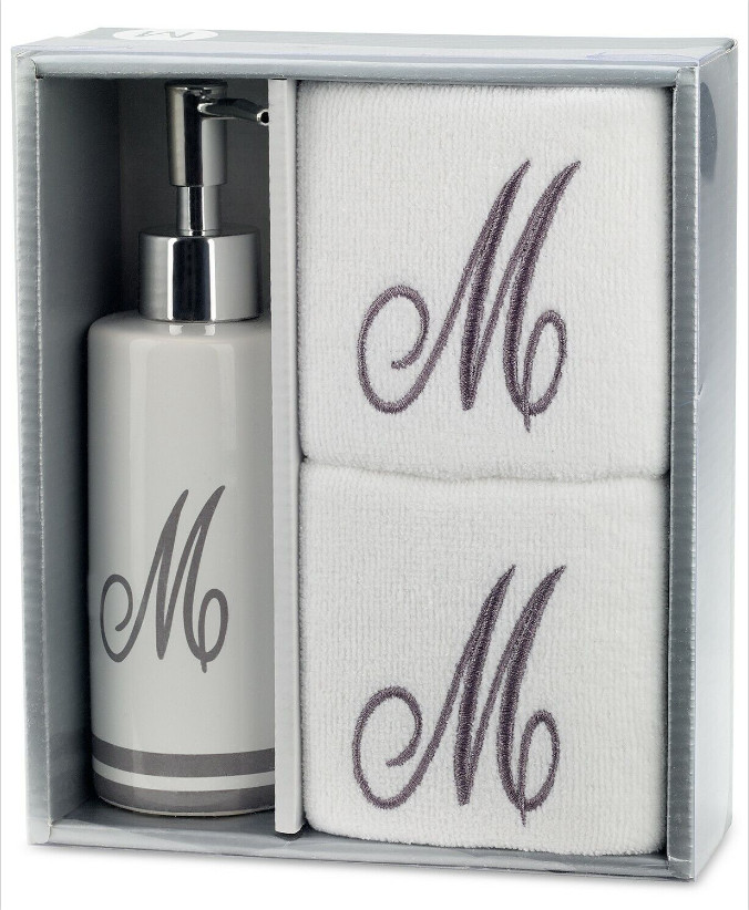 Avanti Script Monogram Cotton Fingertip Towel Lotion Pump 3-Pc. Gift Box Set "A"