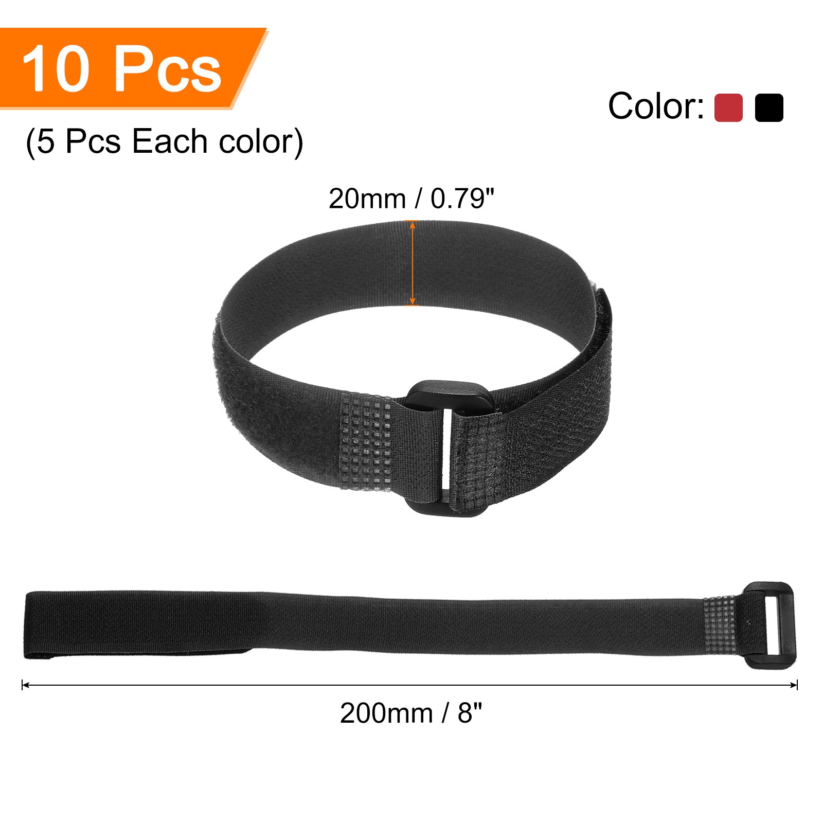 10 Pcs Battery Tie Down Straps, 0.8" x 8" Black/Red Nylon Hook Loop Strap