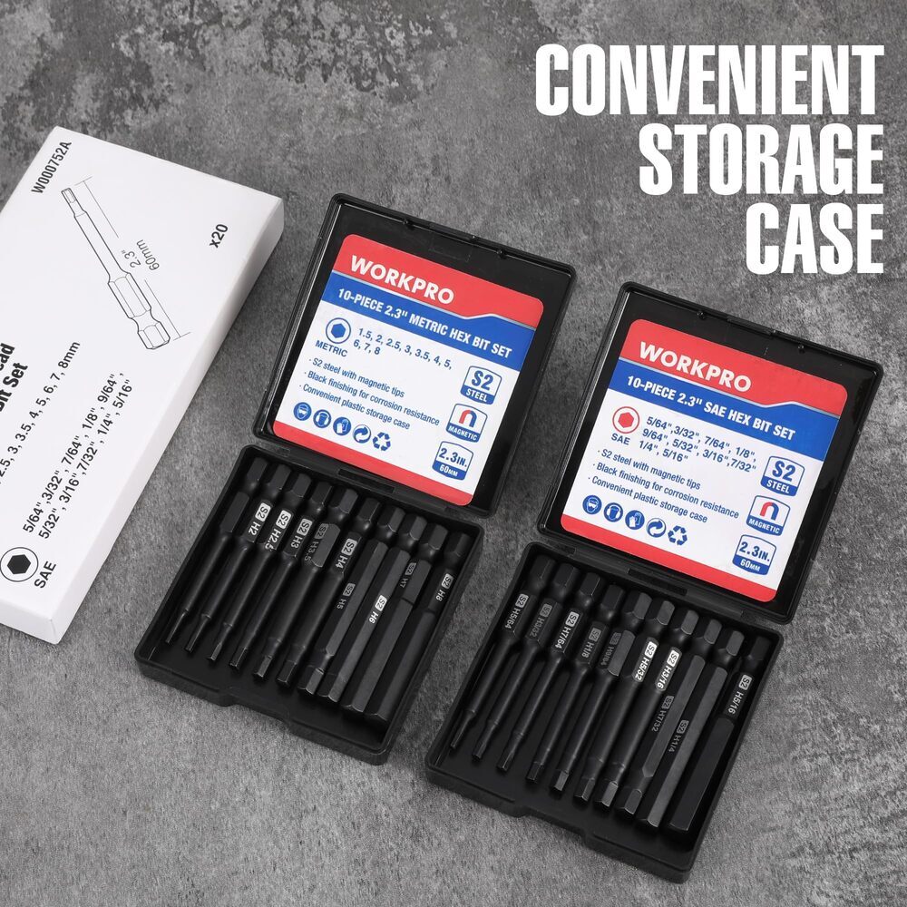 WORKPRO 20PC Magnetic Hex Head Allen Wrench Drill Bit Set Metric SAE Hex Bit Set