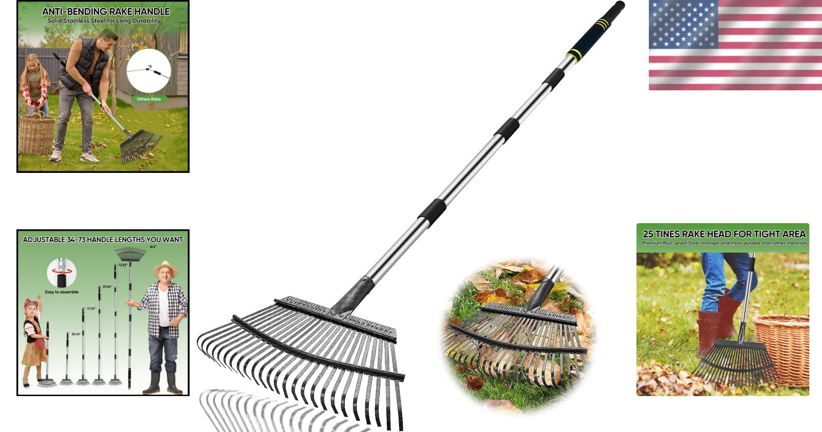 Durable 6FT Leaf Rake with 25 Tines – Adjustable, Ergonomic, and Easy to Store