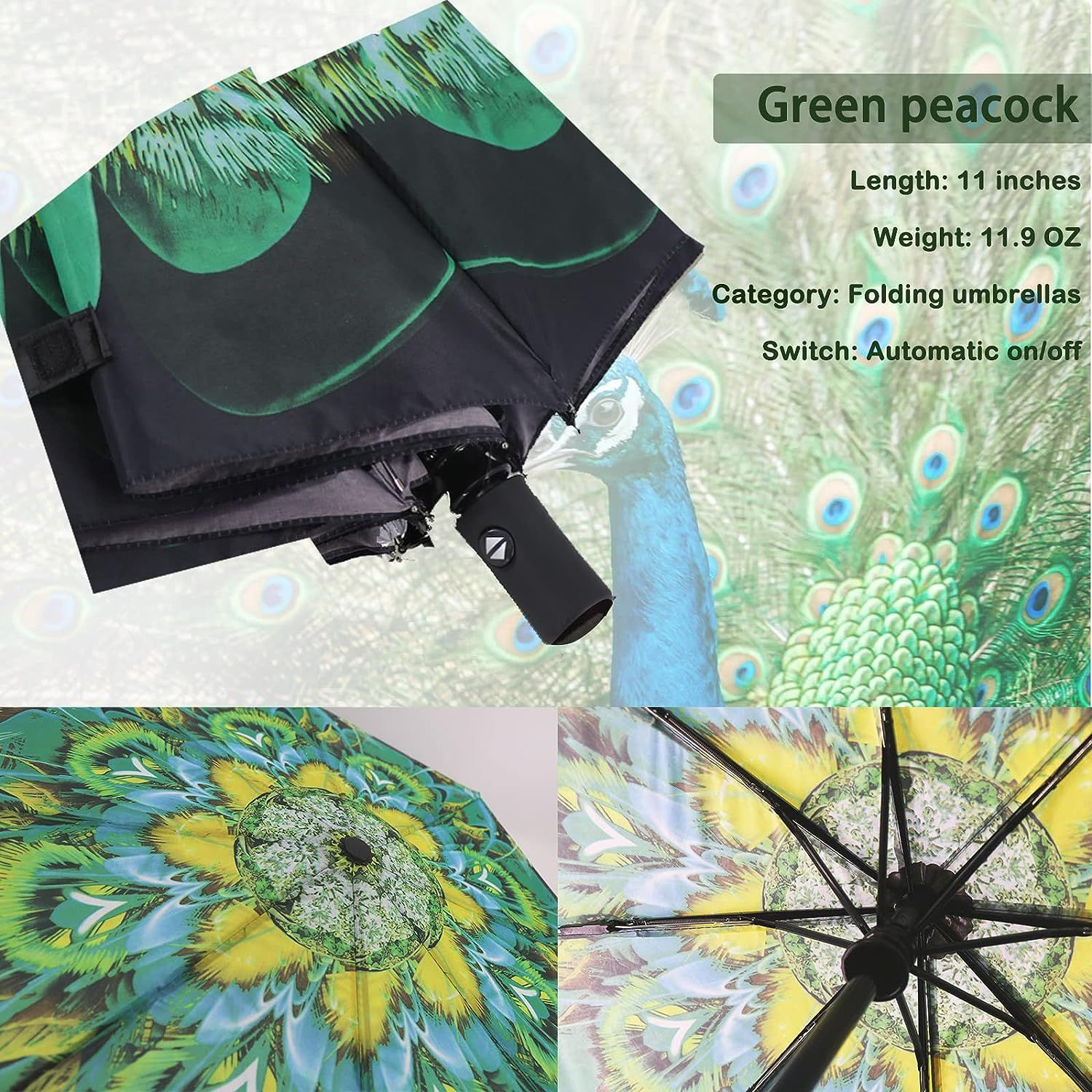 SIEPASA Windproof Travel Compact Umbrella-Automatic Small Size, Green peacock