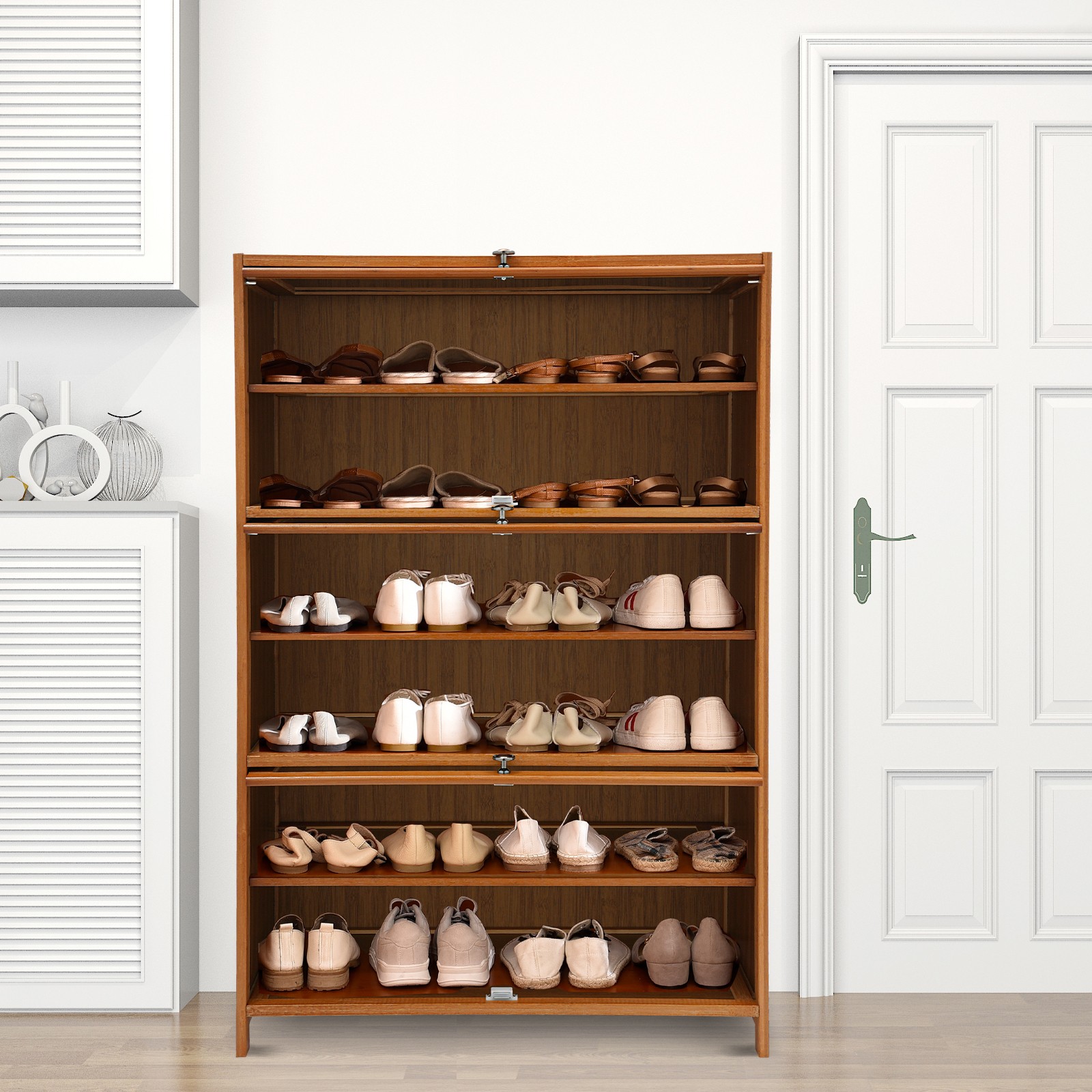 Shoe Organizer 6-Tier Storage Cabinet w/ 3 Flip-up Door 32" Entryway Bamboo