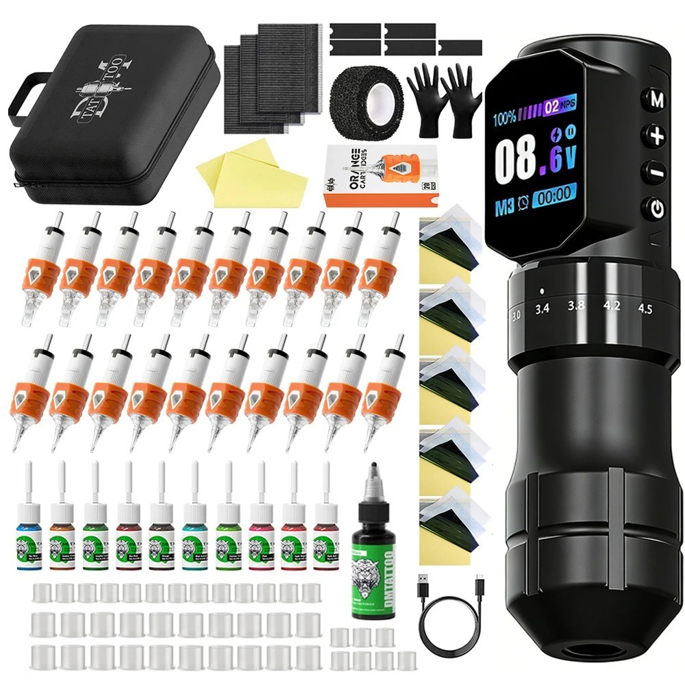 Professional Adjustable Stroke Tattoo Machine Kit Wireless Tattoo Pen With Inks
