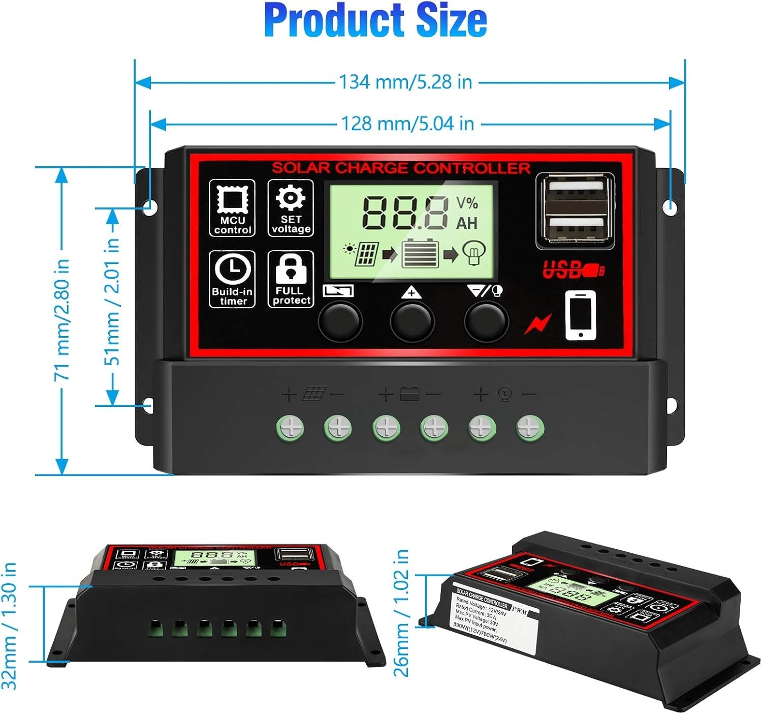 30A PWM Solar Charge Controller with Dual USB & LCD Display for 12V/24V Systems