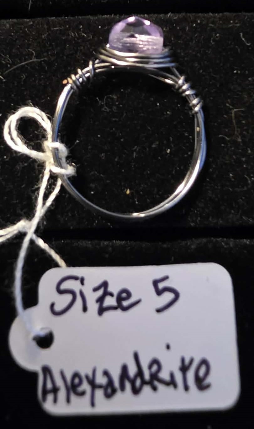 Handmade size 5 wire-wrapped alexandrite rings with hematite colored wire