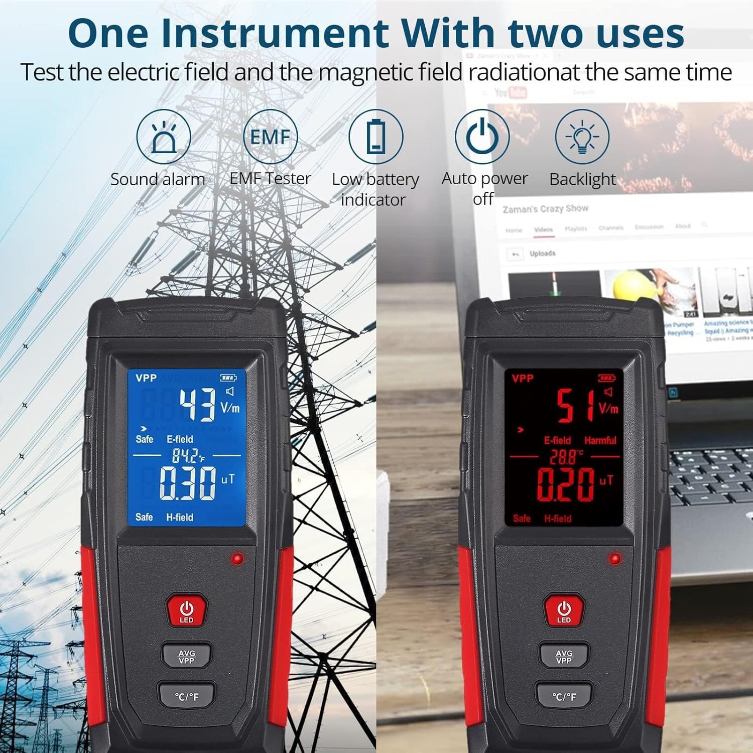 EMF Meter, Rechargeable Digital Electromagnetic Field Radiation Detector USB NEW