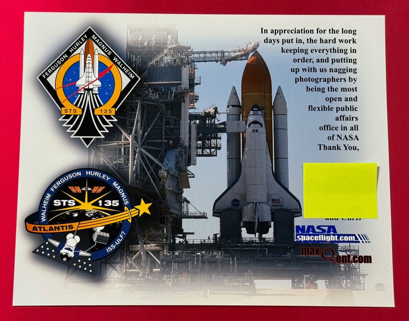 STS 135 RELATED FINAL MISSION COLLEAGUE PRESENTED COLOR PHOTO