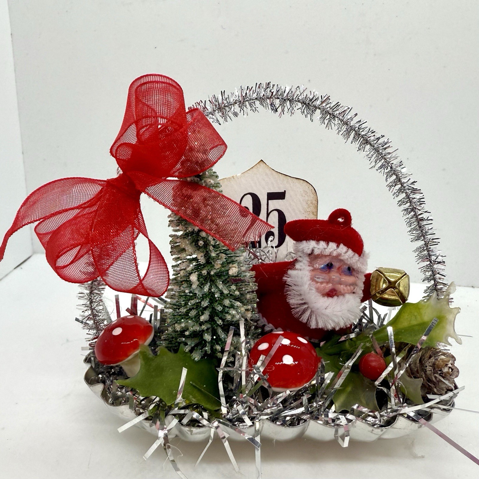 Miniature Christmas Arrangement Decoration Santa Bottlebrush Tree Mushroom