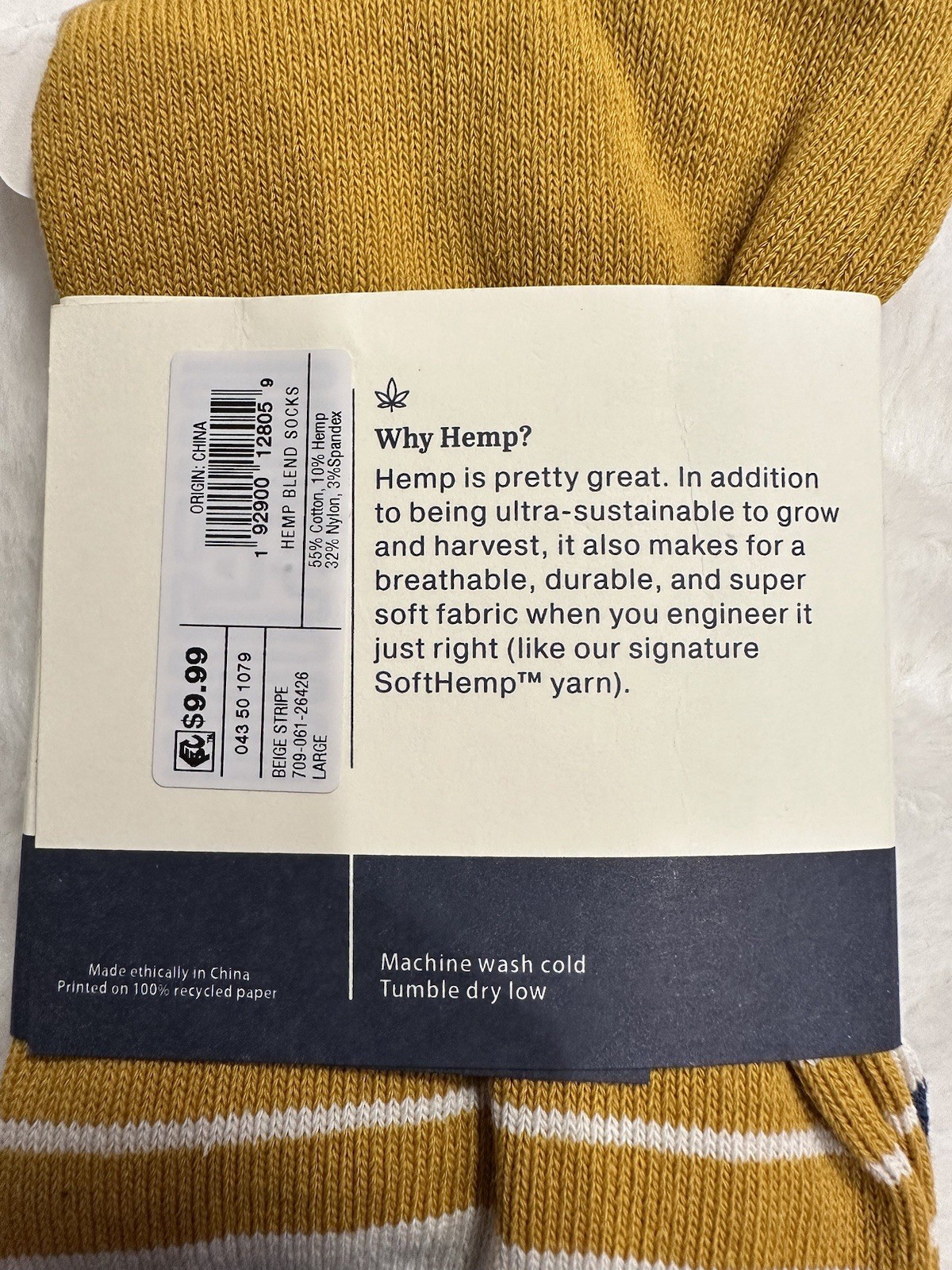Impact Unisex Crew Socks Hemp Blend Size L Men 8-12, Women Multicolor 10-13 NEW