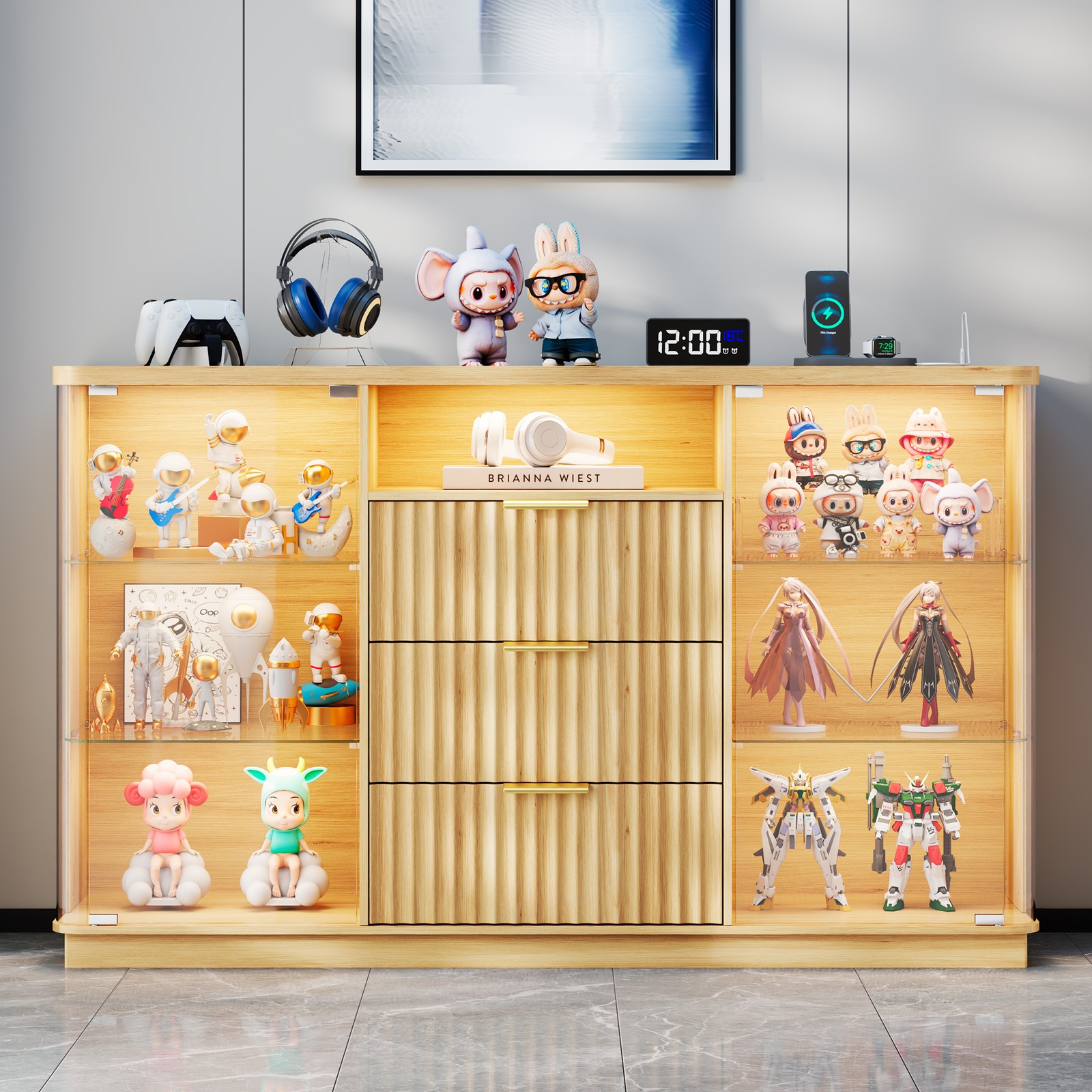 Rounded Display Cabinet with Glass Doors, Curio Cabinet with Human Body Sensor