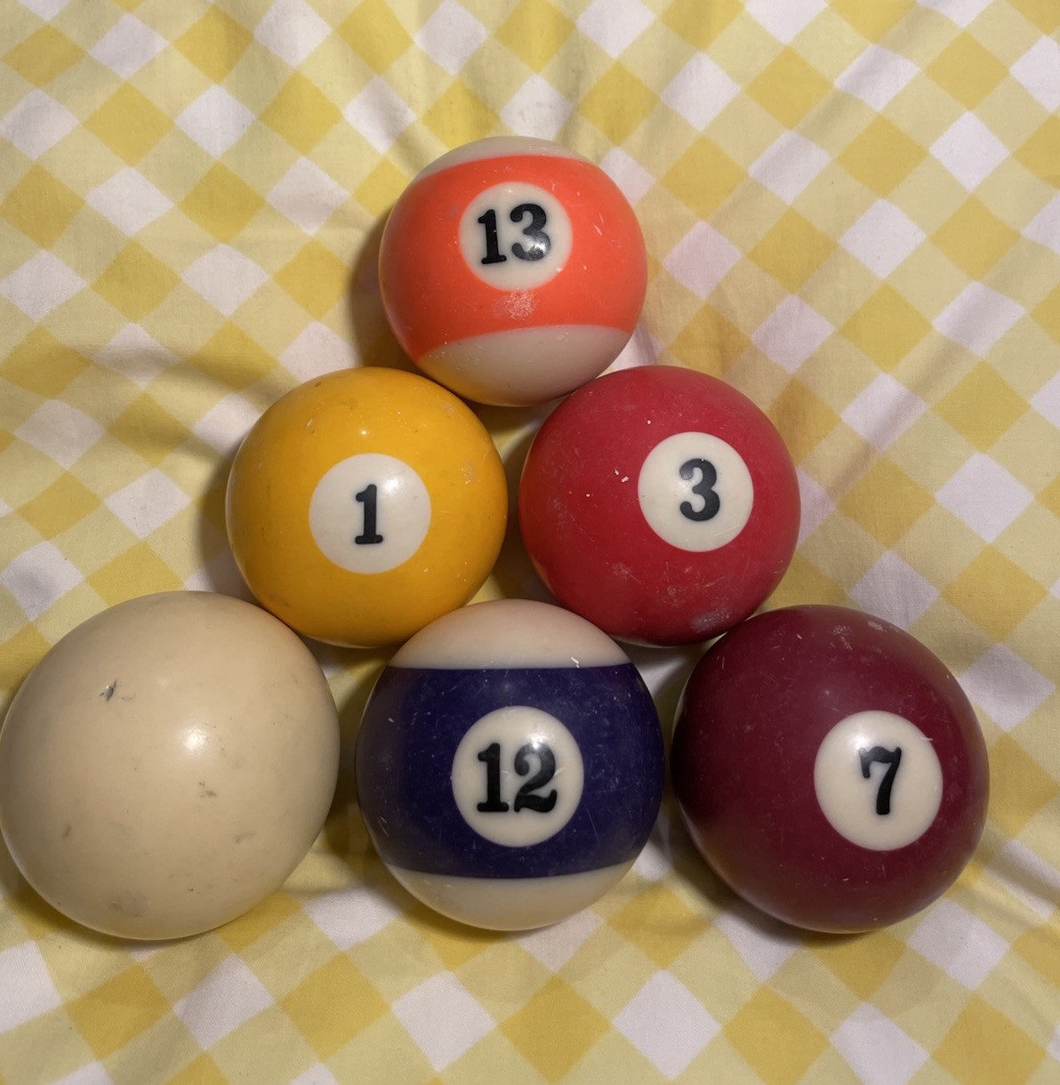 Vintage Pool Billiards Balls Lot of 6 - Cue Ball, 1, 3, 7, 12, 13 FAST SHIP! 🎱