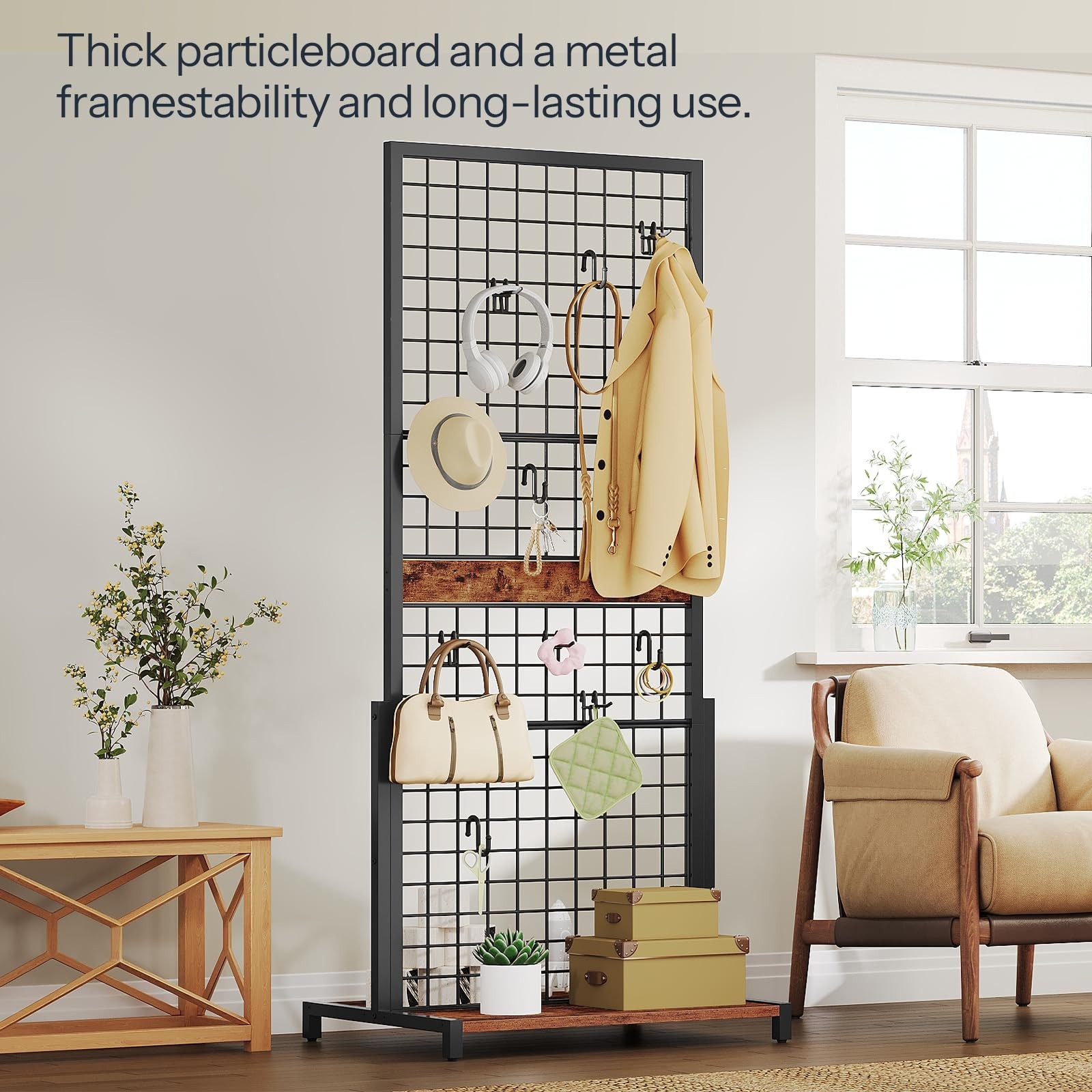 Movable Grid Display Rack 5.6' x 2.1' Ft, Wire Panel Stand with Hooks for Storag