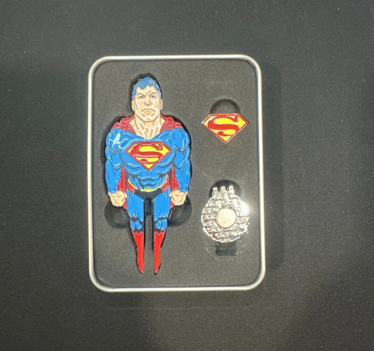 Putt Buddies X Superman Collectible Golf Divot Tool, Ball Marker & Hat Clip Tin