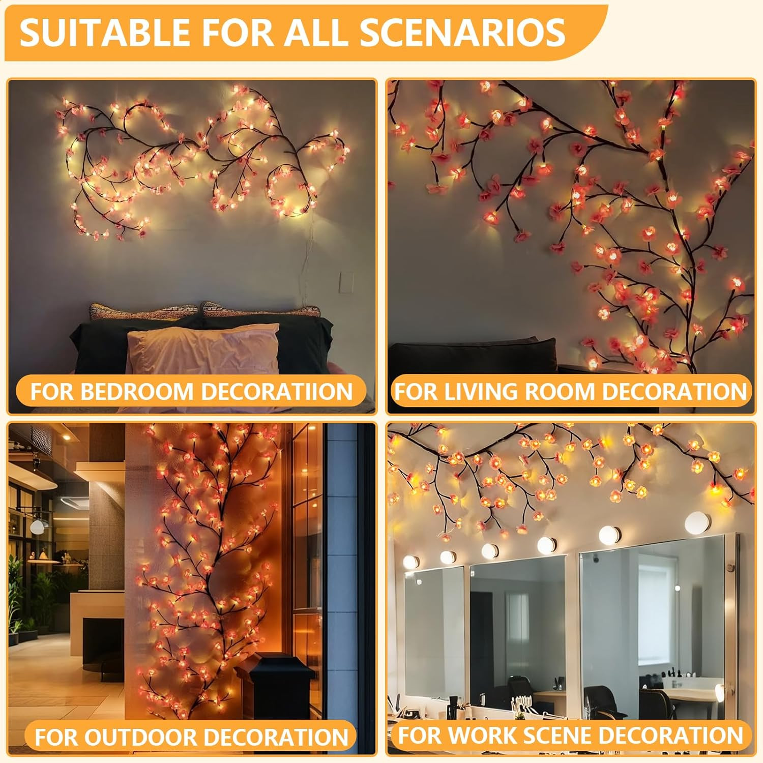 Cherry Blossom LED Vine Lights with Remote Timer, 4FT, 48 LEDs