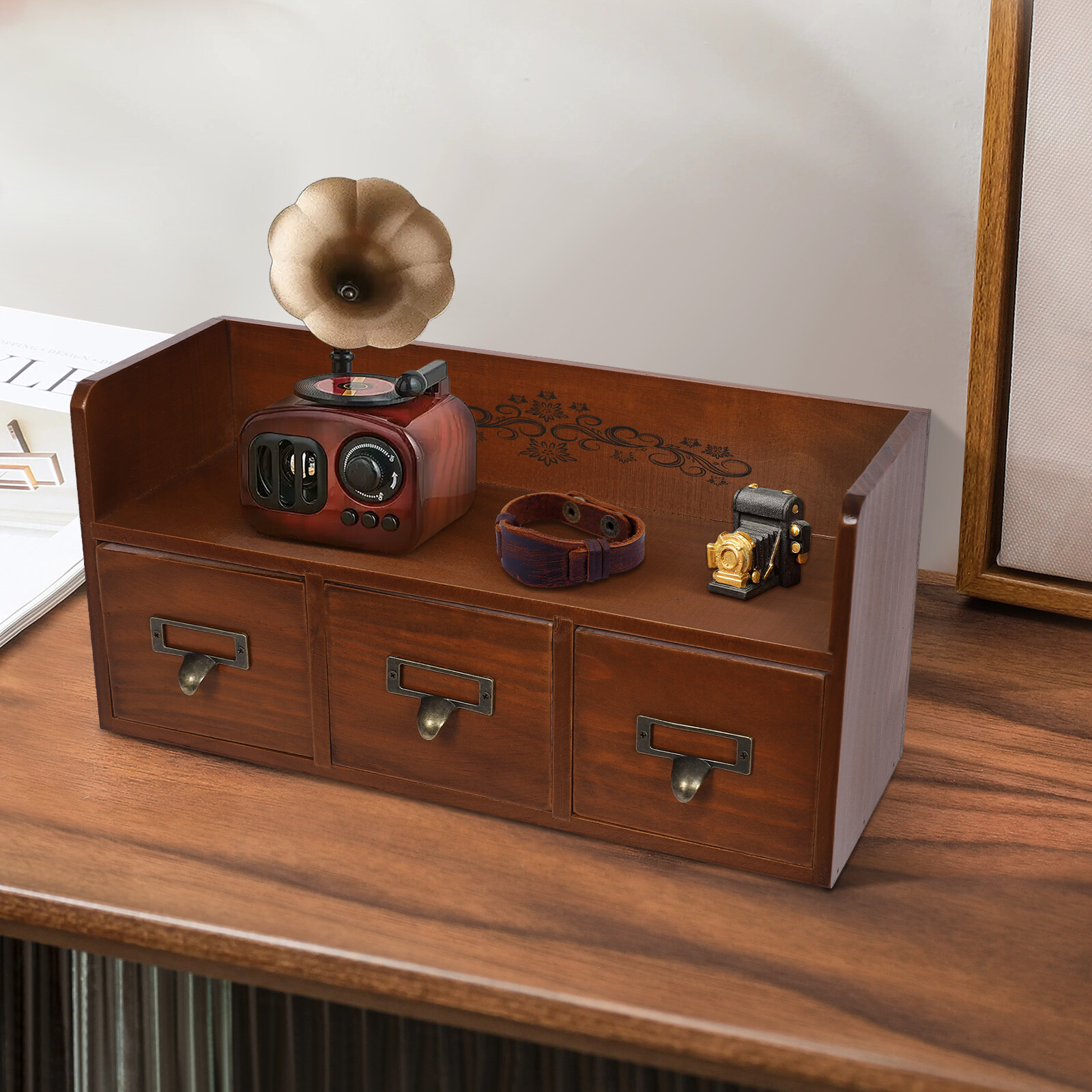 Retro 3 Drawers Wood Desktop Storage Cabinet Cosmetic Jewelry Organizing Cabinet