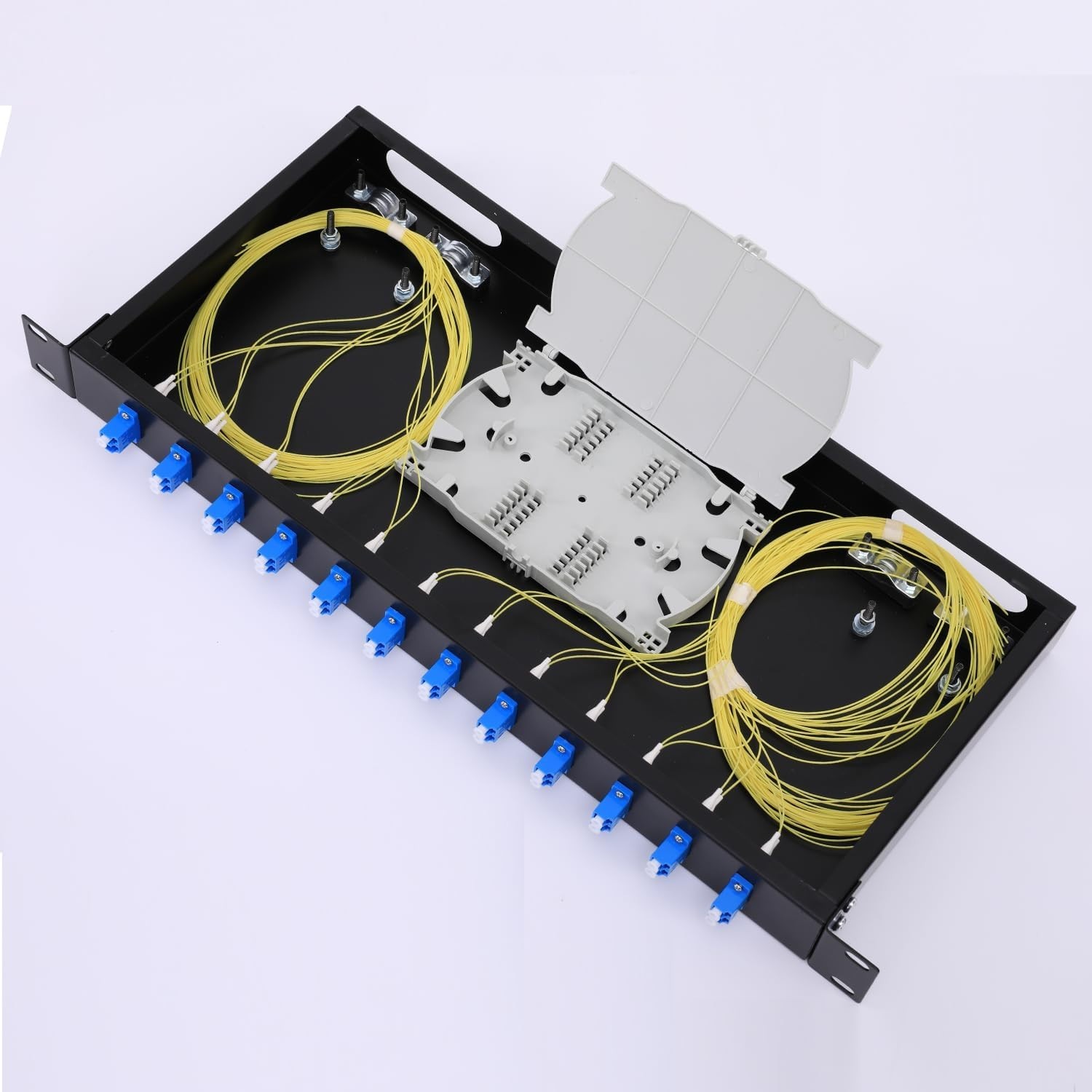 12 Duplex 24-Port LC-OS1 Fiber Rack Mount Enclosure Box with Splice Trays, Singl