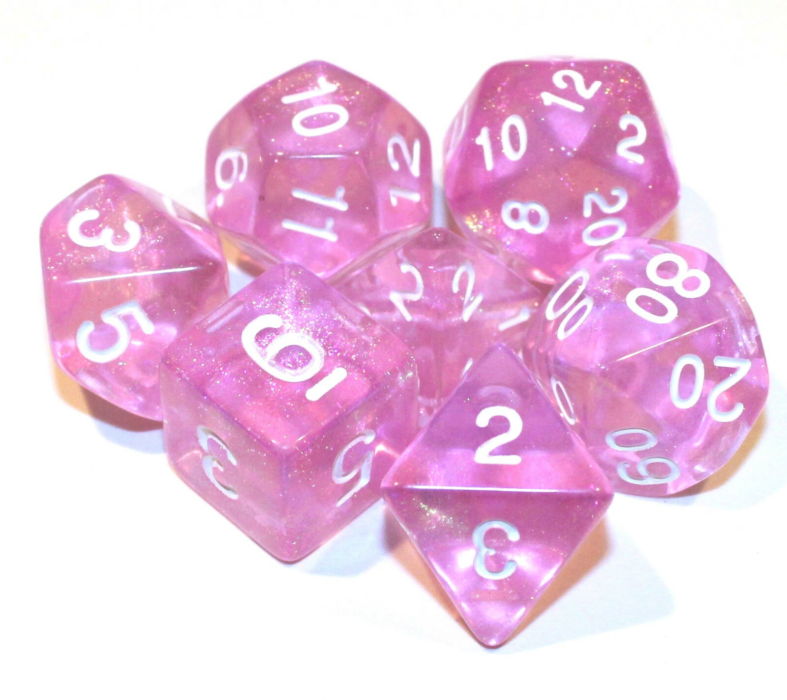 7 Piece Translucent Shimmer Polyhedral Dice Set w/ Bag – Pink