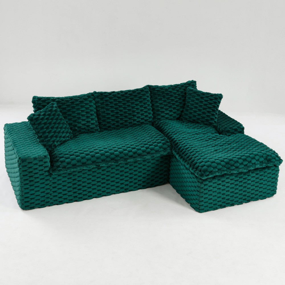 Green Velvet Convertible Sofa w/ Chaise Lounge - L-Shape Couch for Living Room