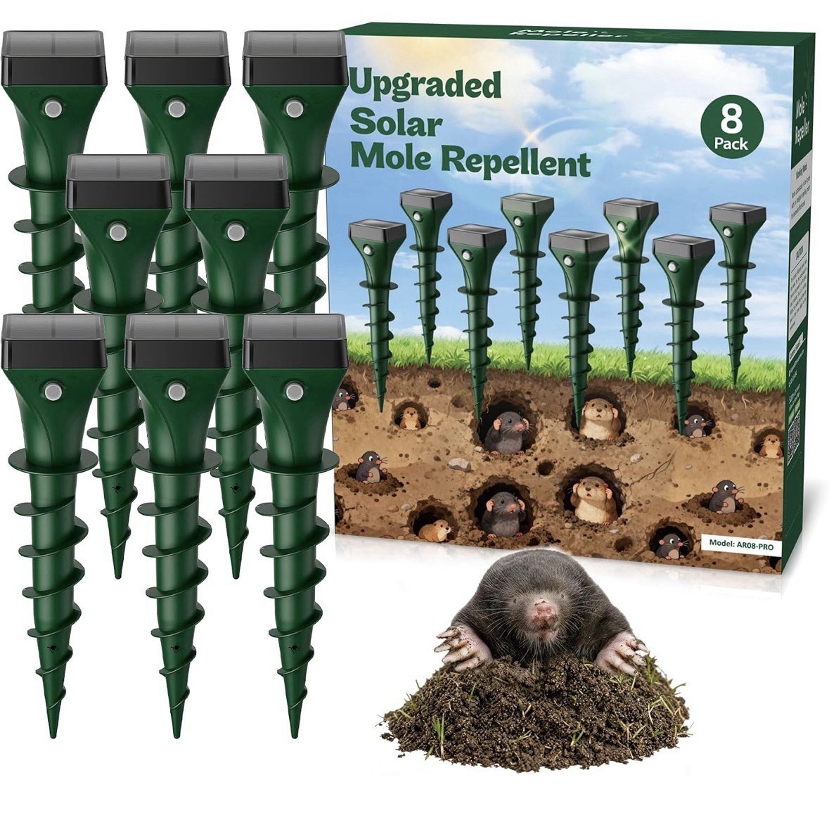Mole Repellent Solar Powered, 8 Pack Snake & Skunk Repellent for Yard, Ultrasoni