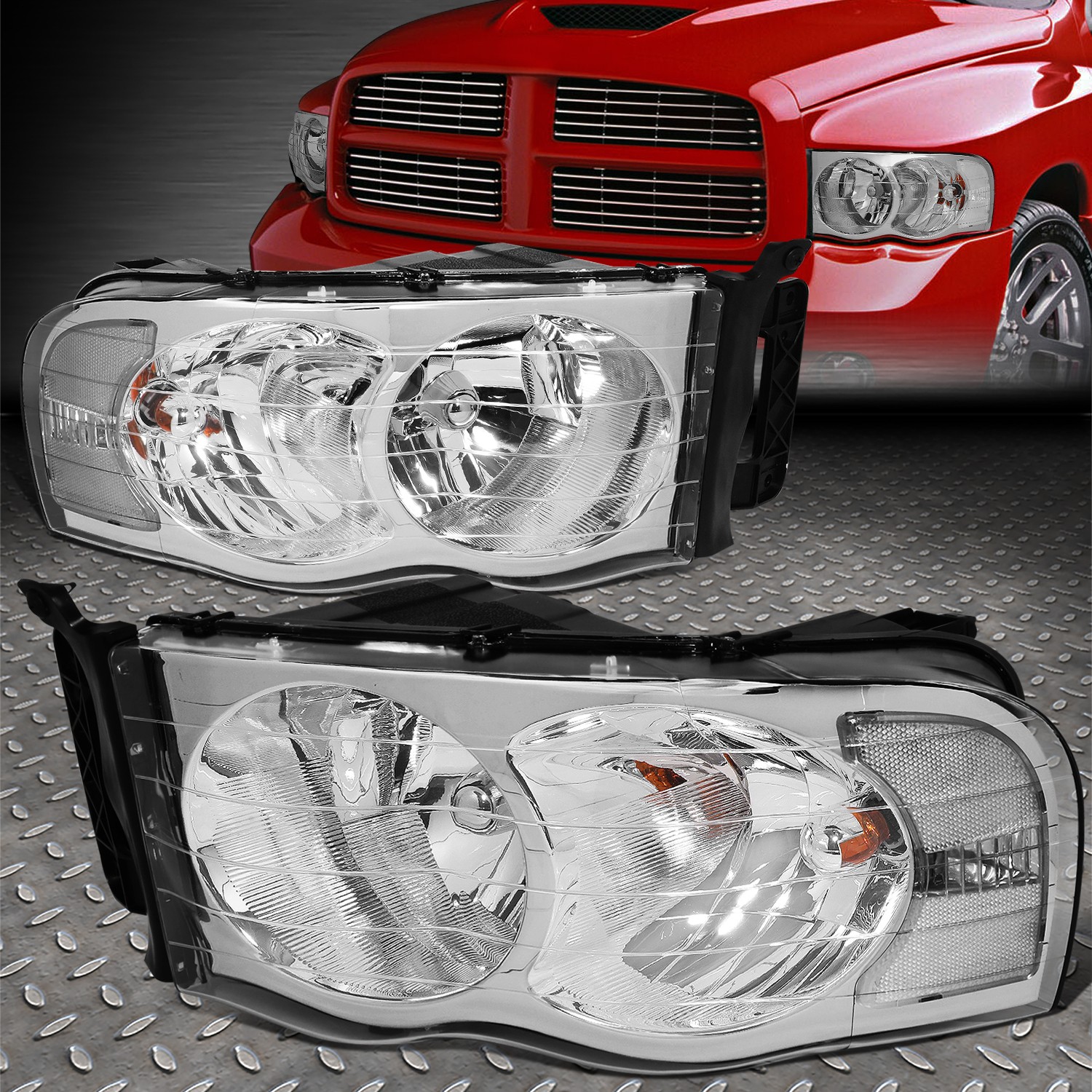 FOR 02-05 DODGE RAM 1500 2500 3500 CHROME HOUSING CLEAR CORNER HEADLIGHT LAMPS