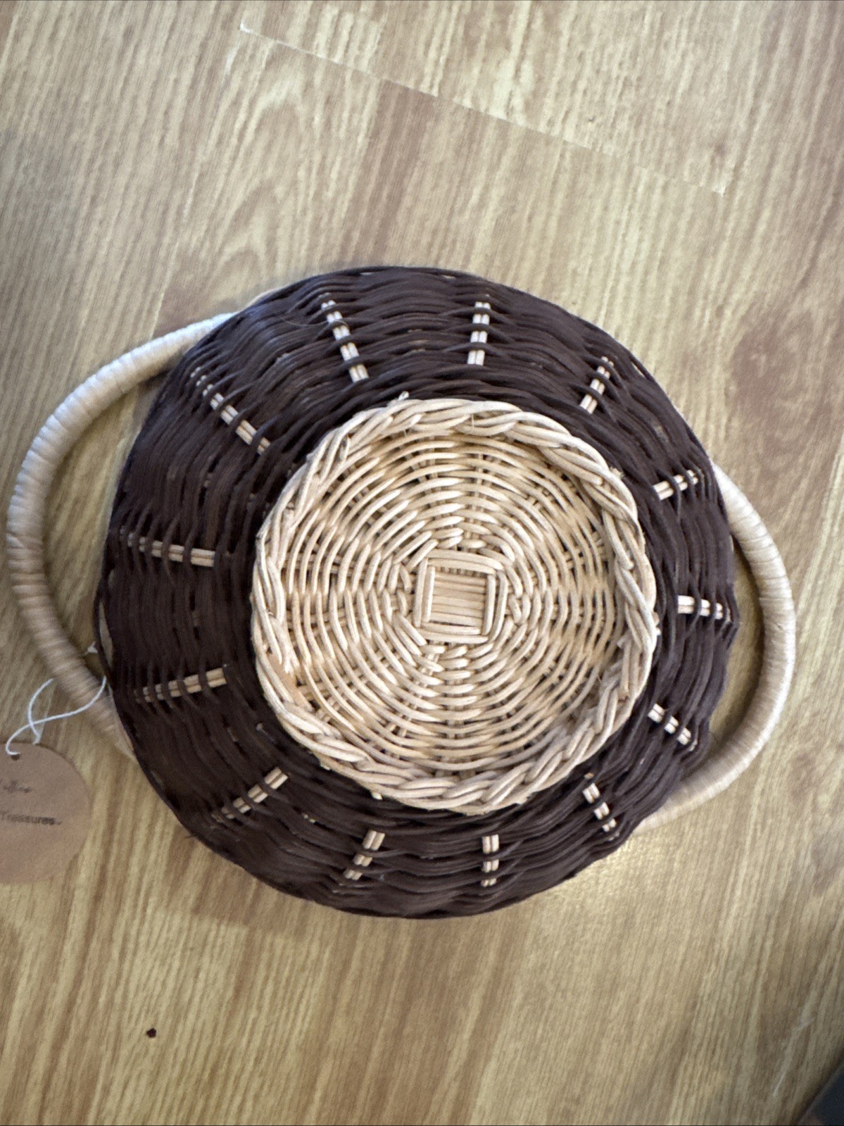 Vintage Two Toned Round Woven Basket With Handles