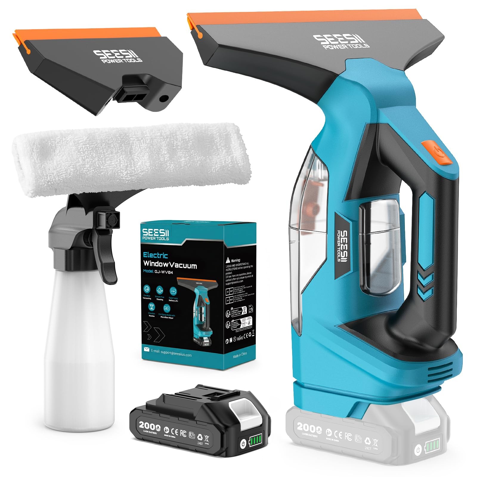 SEESII Cordless Window Vacuum Squeegee, 2000Pa 28cm + 17cm, 1 Battery