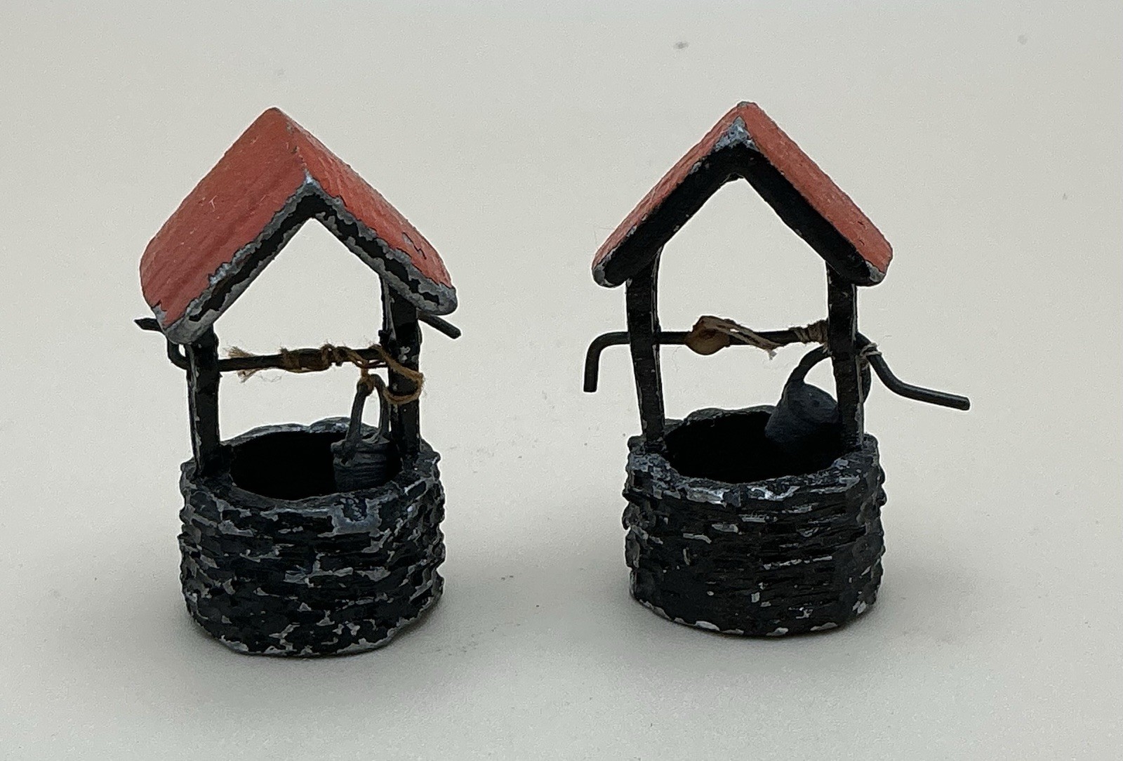 Lot of 2 Vintage Metal Miniature Wishing Wells with Ropes Buckets