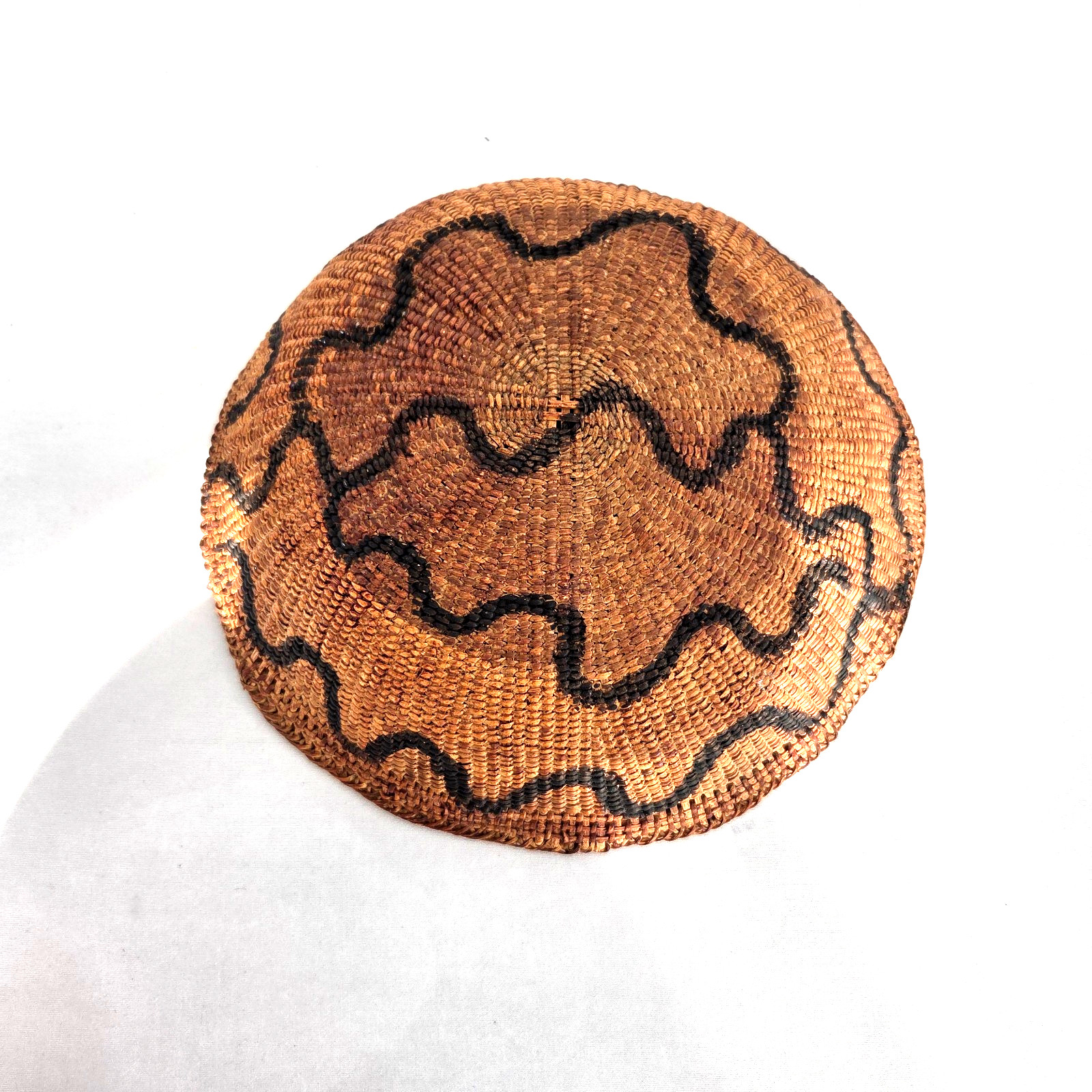 Vintage Hand Woven 11" Round Basket with Black Primitive Design