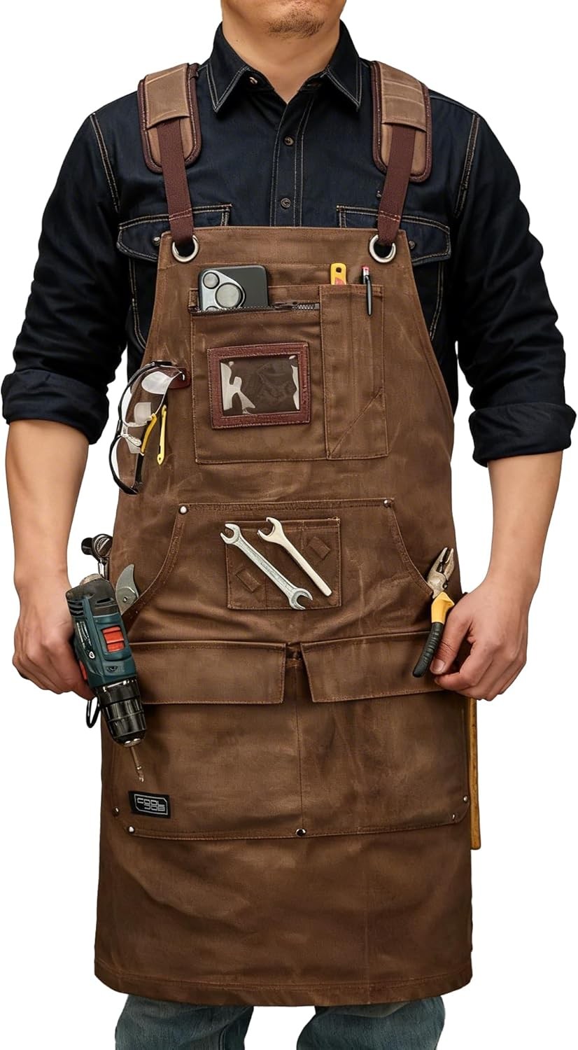 16oz Waxed Canvas Oversized Work Apron With Tape Holder Deep Pockets