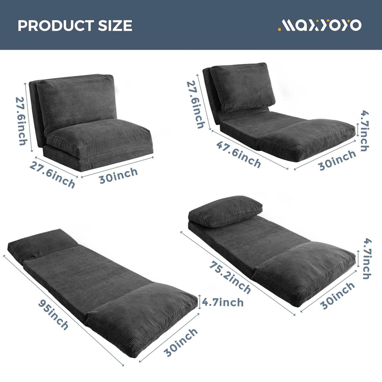 Folding Sofa Bed, Extra Thick and Long Floor Sofa Convertible Sleeper Chair w...