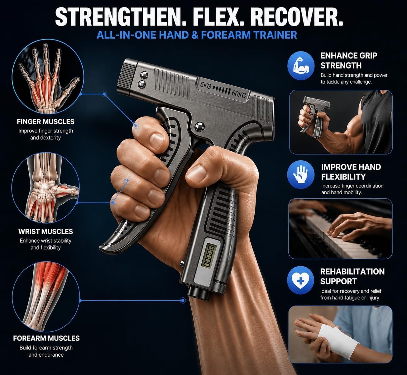 Grip Strength Trainer with Finger Exerciser, Digital Counter Adjustable Hand