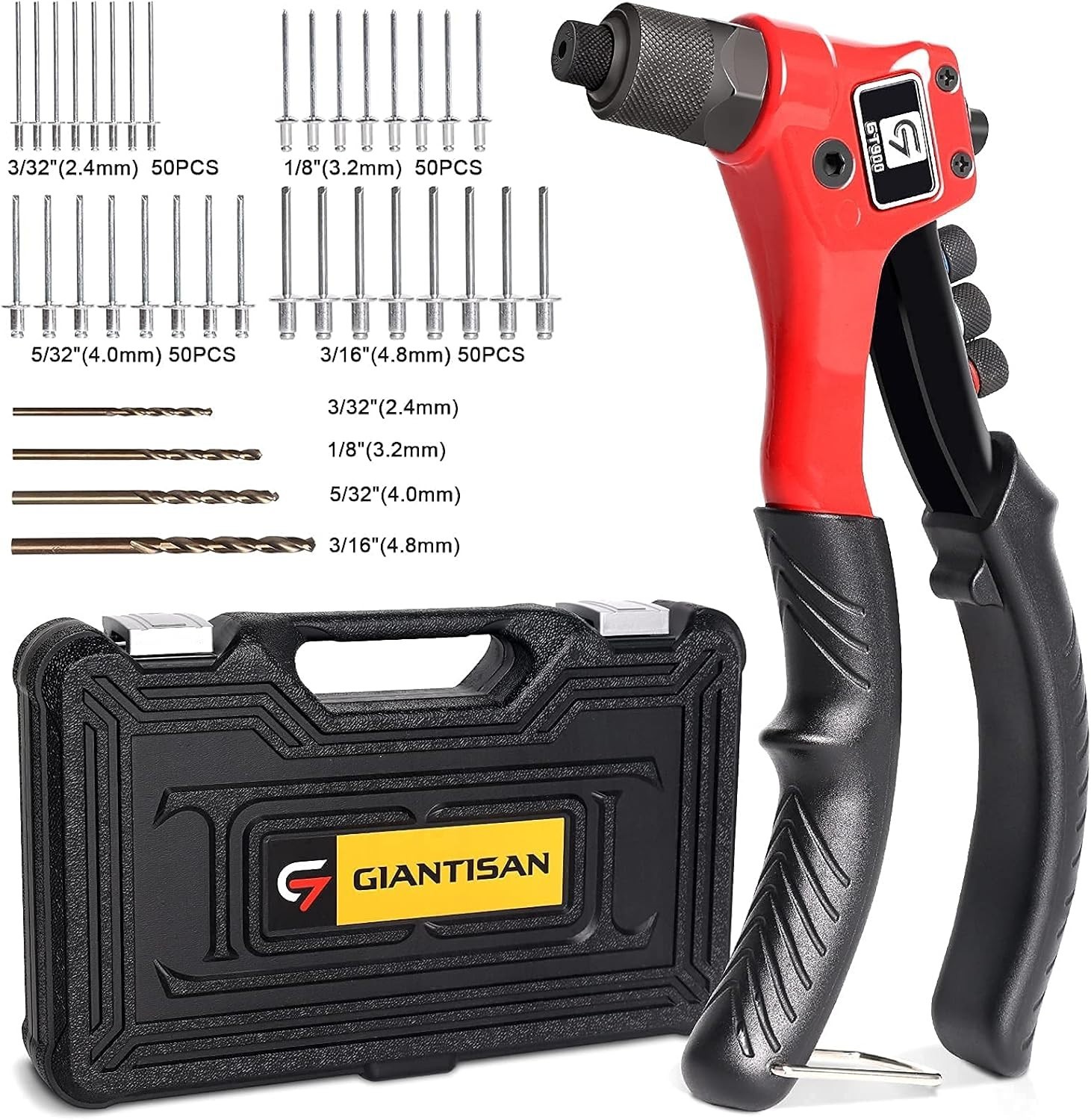 Versatile Pop Rivet Tool Kit: 200 Rivets, 4 Interchangeable Bits, & Carry Case