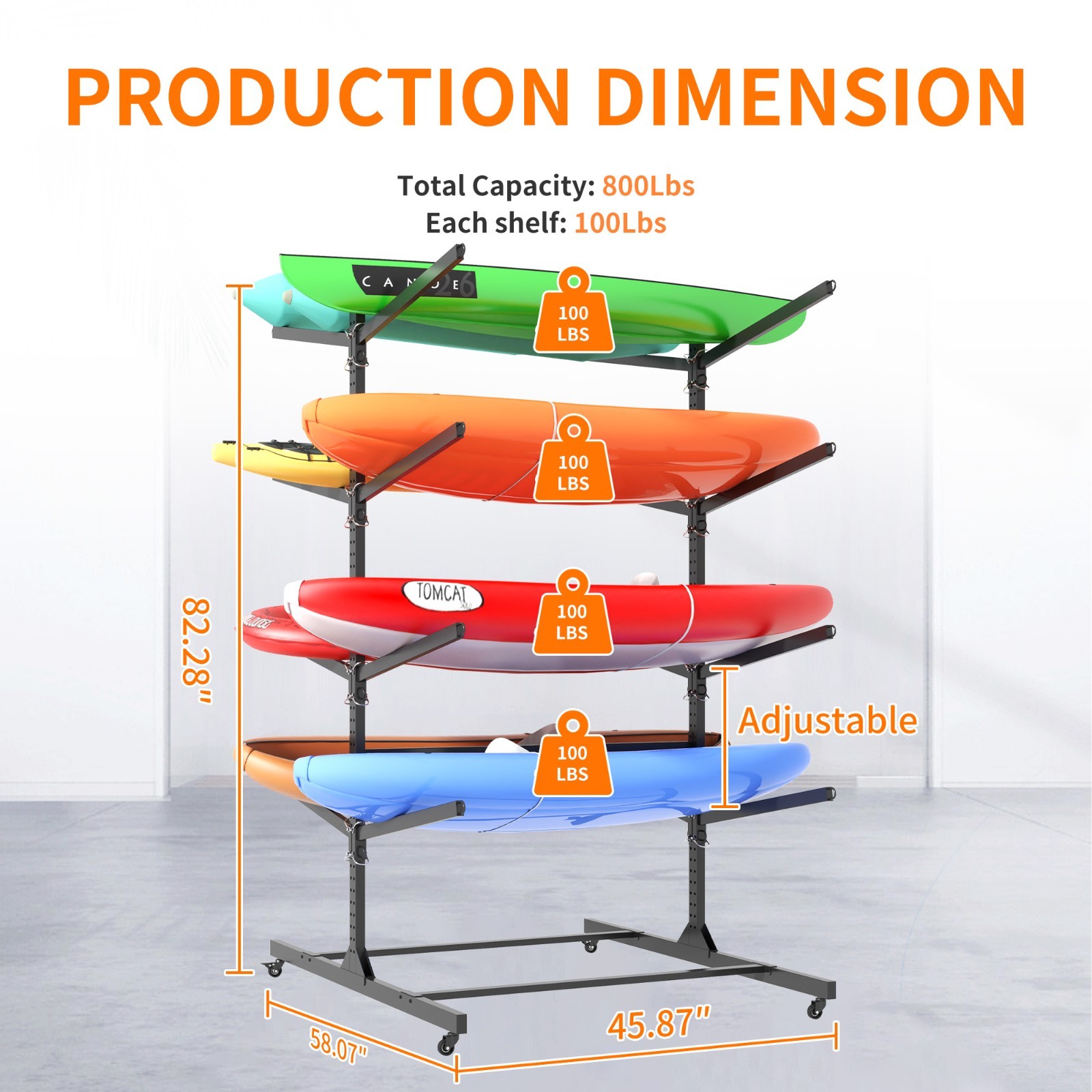 Heavy Duty 8-Kayak Freestanding Rack with Wheels, Adjustable 82"H