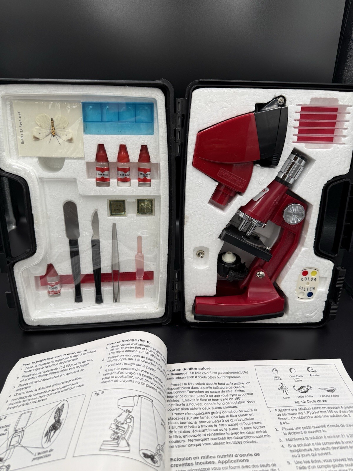 Vintage Tasco red microscope kit, 601200-4F model, includes Carrying Case