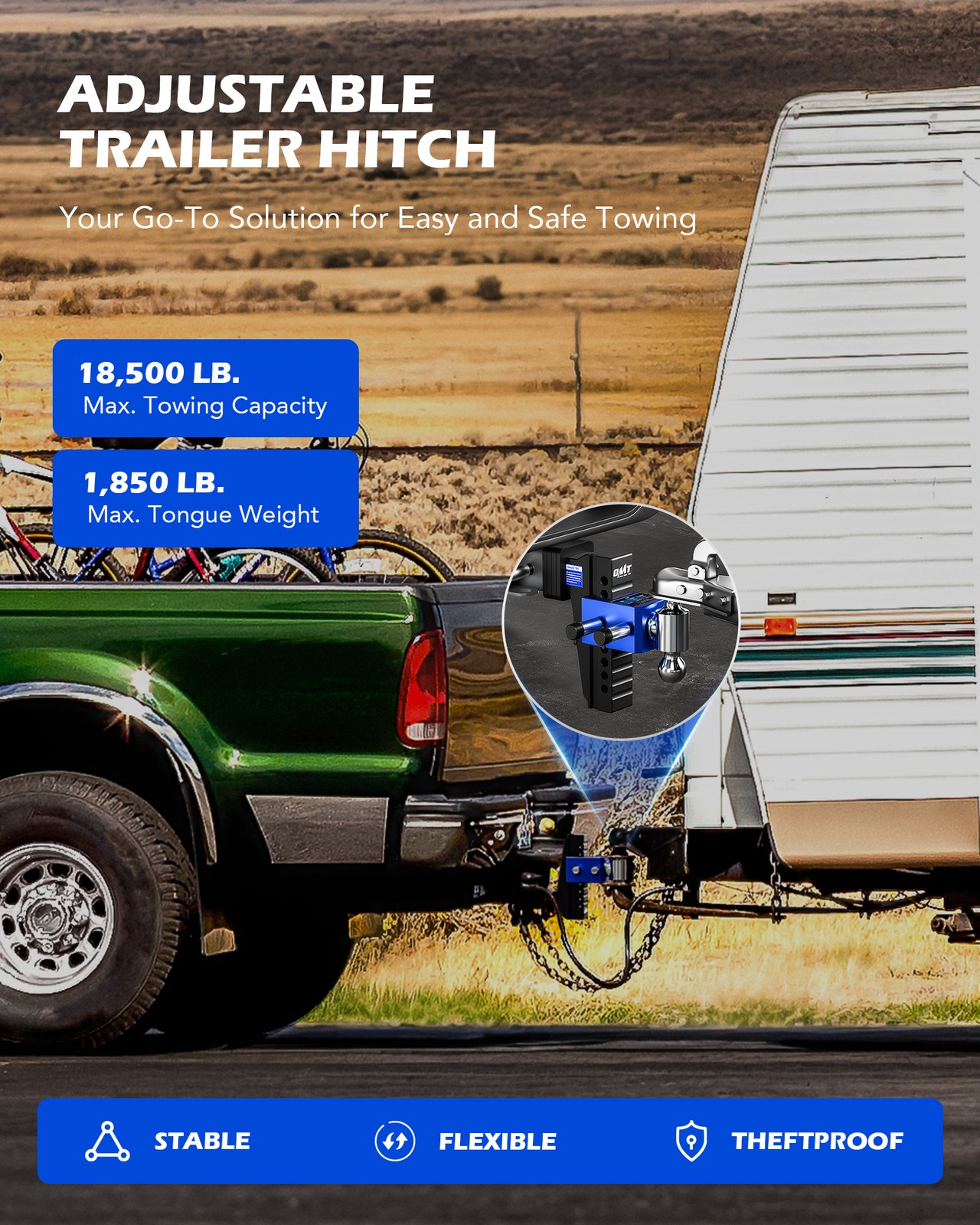 OMT Adjustable Trailer Hitch 2.5" Receiver Dual-Ball Mount 8" Drop Hitch w Lock