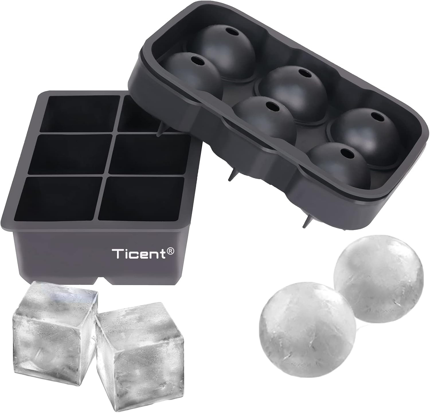 Ice Cube Trays (Set of 2), Silicone Sphere Whiskey Ice Ball Maker with Lids & La