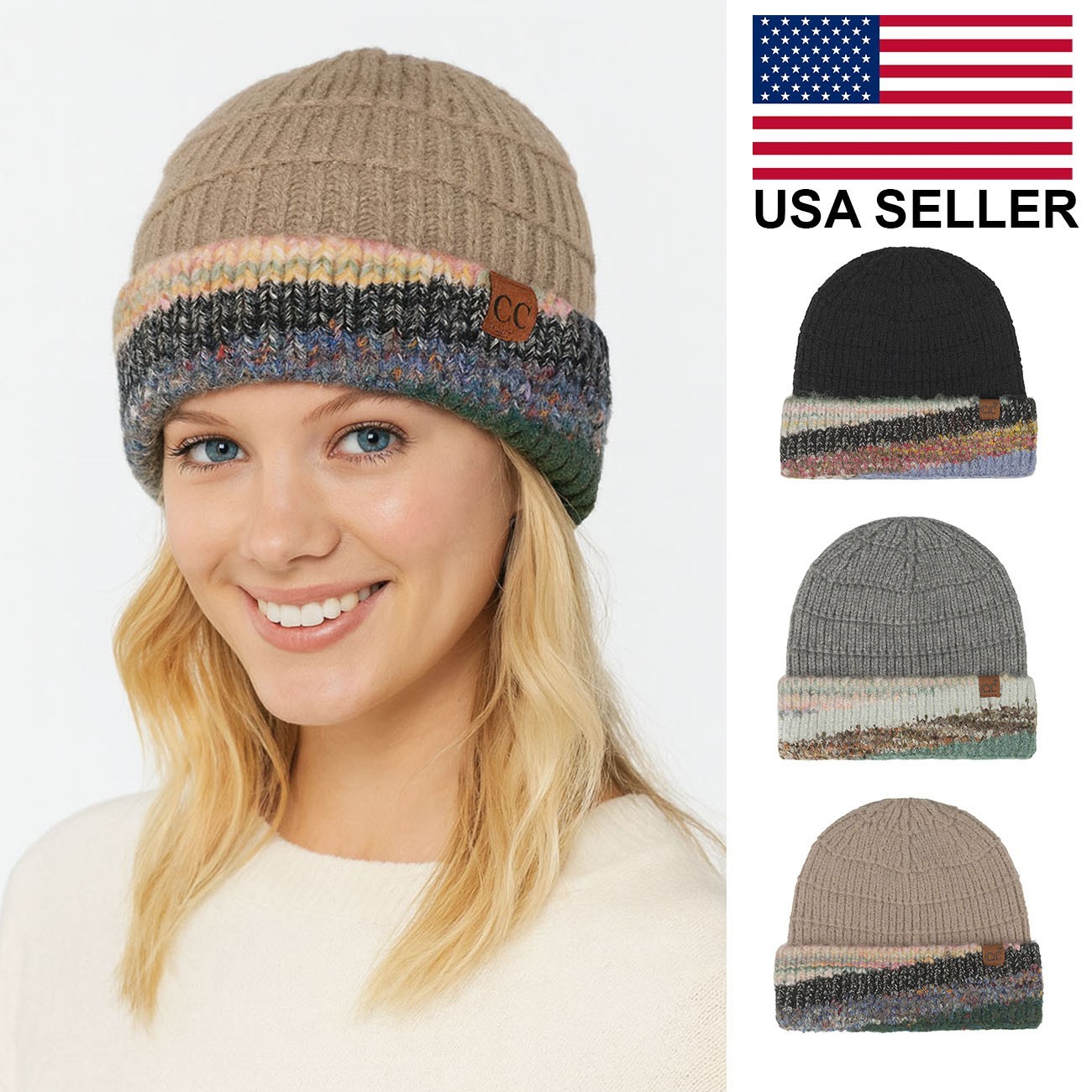 C.C Exclusive Women Soft Warm Winter Multicolor Marble Yarn Cuff Beanie Hat
